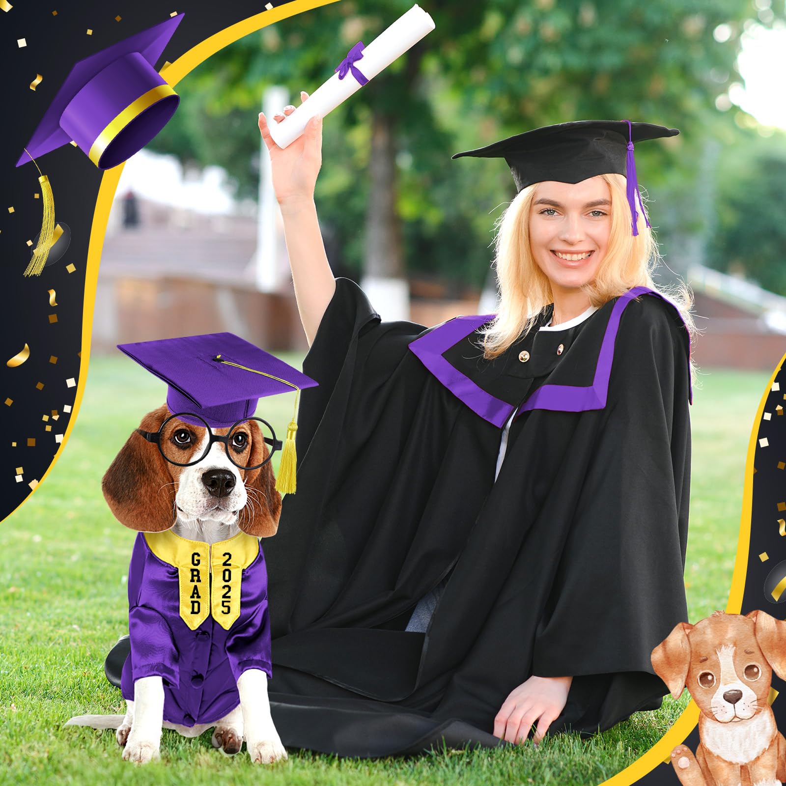 Huhumy 5 Pcs Dog Graduation Costume Set Include 2025 Pet Graduation Gown With Stole Puppy Grad Cap Lensless Glasses Diy Letter S