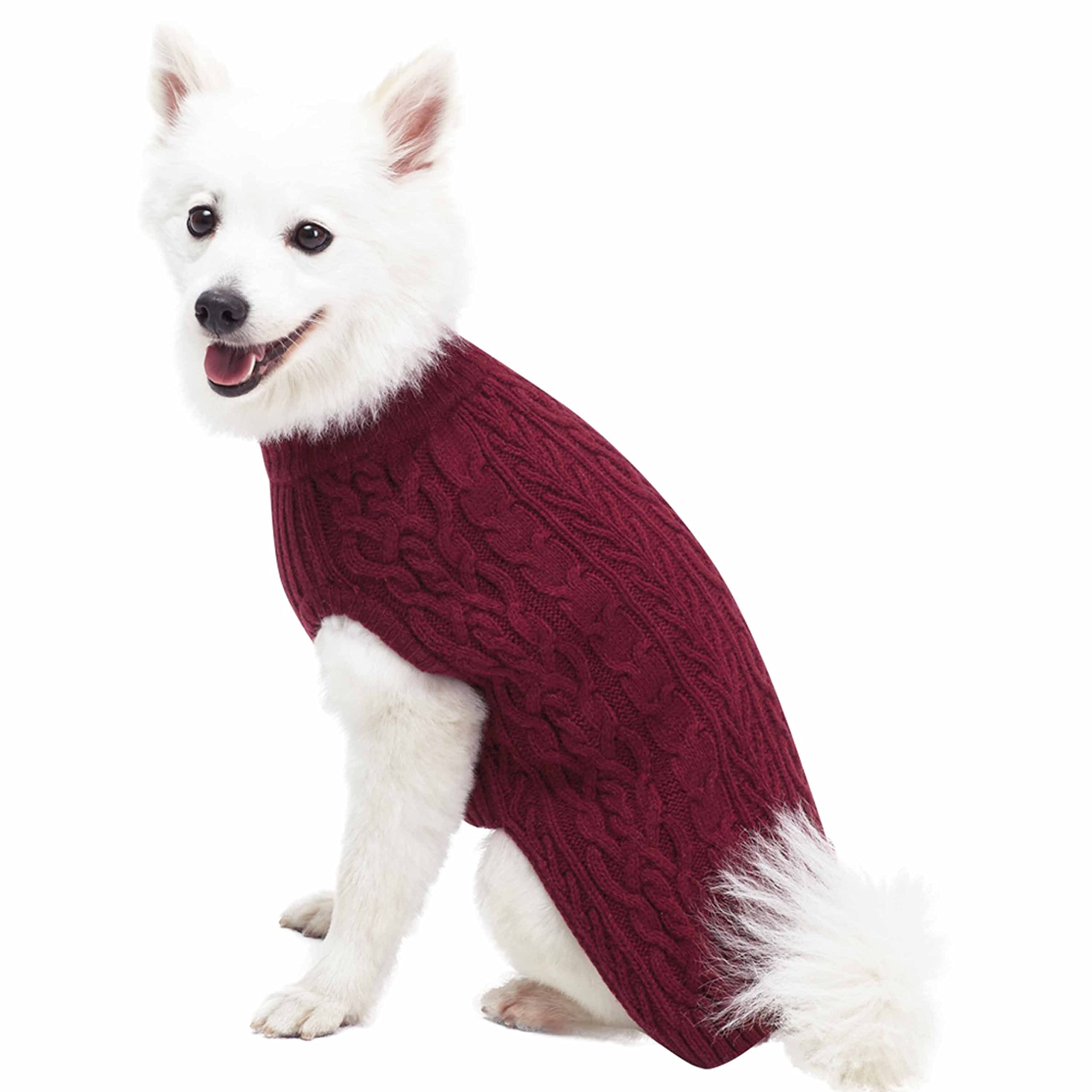 Blueberry Pet Classic Dog Sweater Wool Blend Cable Knit Pullover Crewneck Winter Clothes In Burgundy, Back Length 16'', Medium W