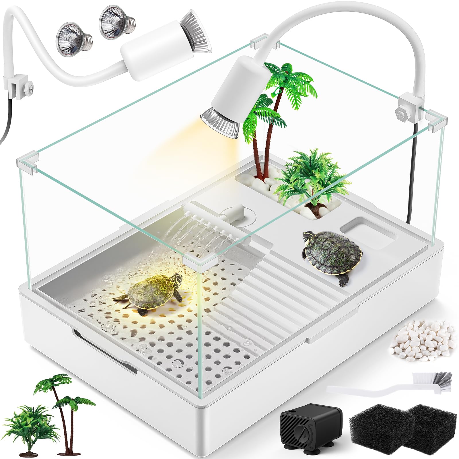 Moonorange Small Turtle Tank (Tank + Water Pump), Acrylic Turtle Tank Starter Kit With Upgrade Rain Shower Head, Adjustable 5W W