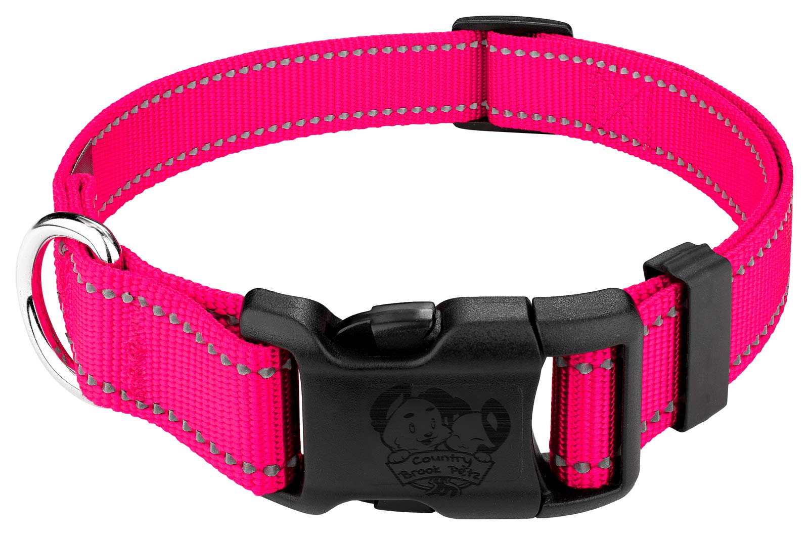Country Brook Petz - 1 Inch Deluxe Hot Pink Reflective Nylon Dog Collar - Medium