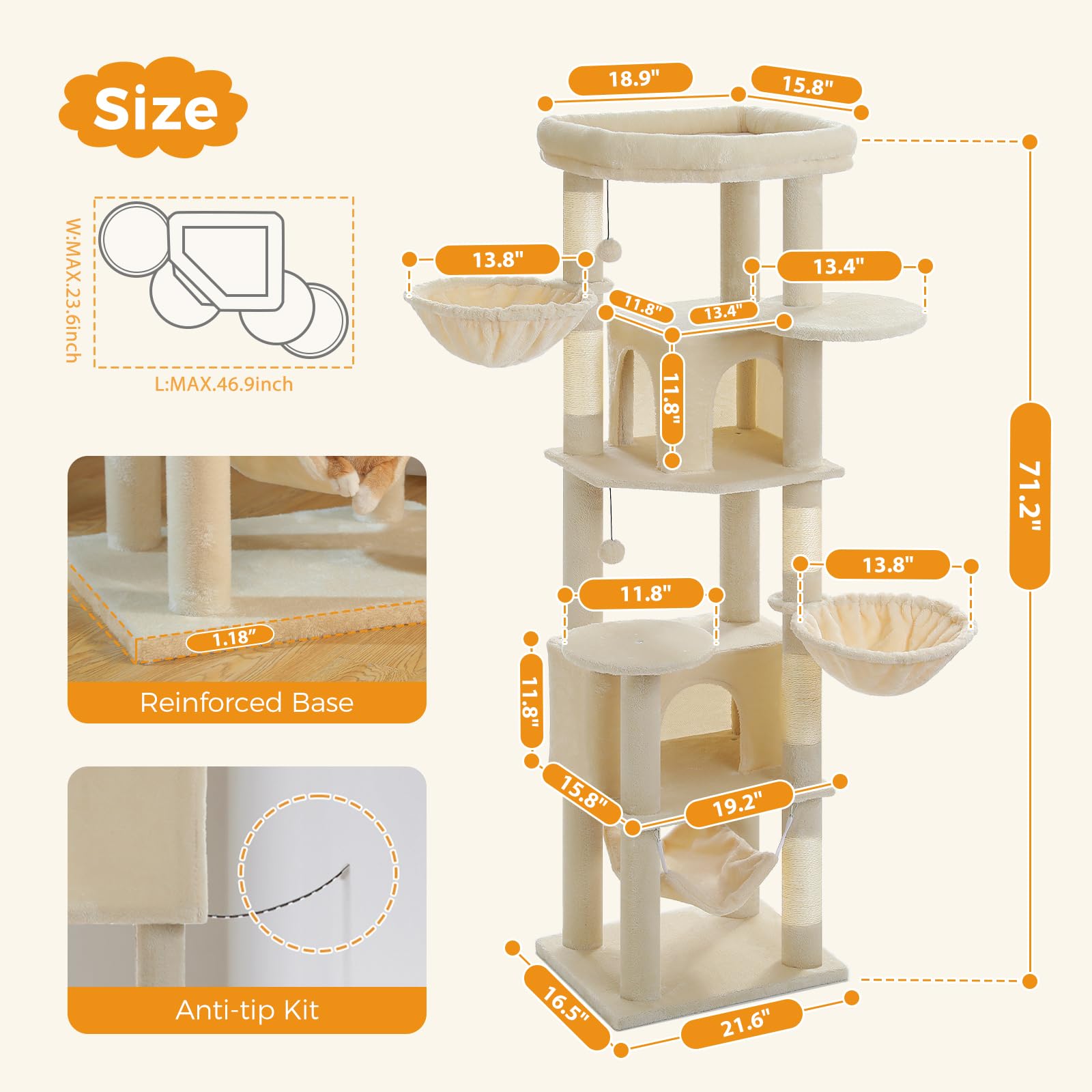 Pawz Road Tall Cat Tower, 70 Inch Cat Tree With Hammock, 5 Scratching Posts, 2 Condos And A Large Top Perches For Large Cats-Bei