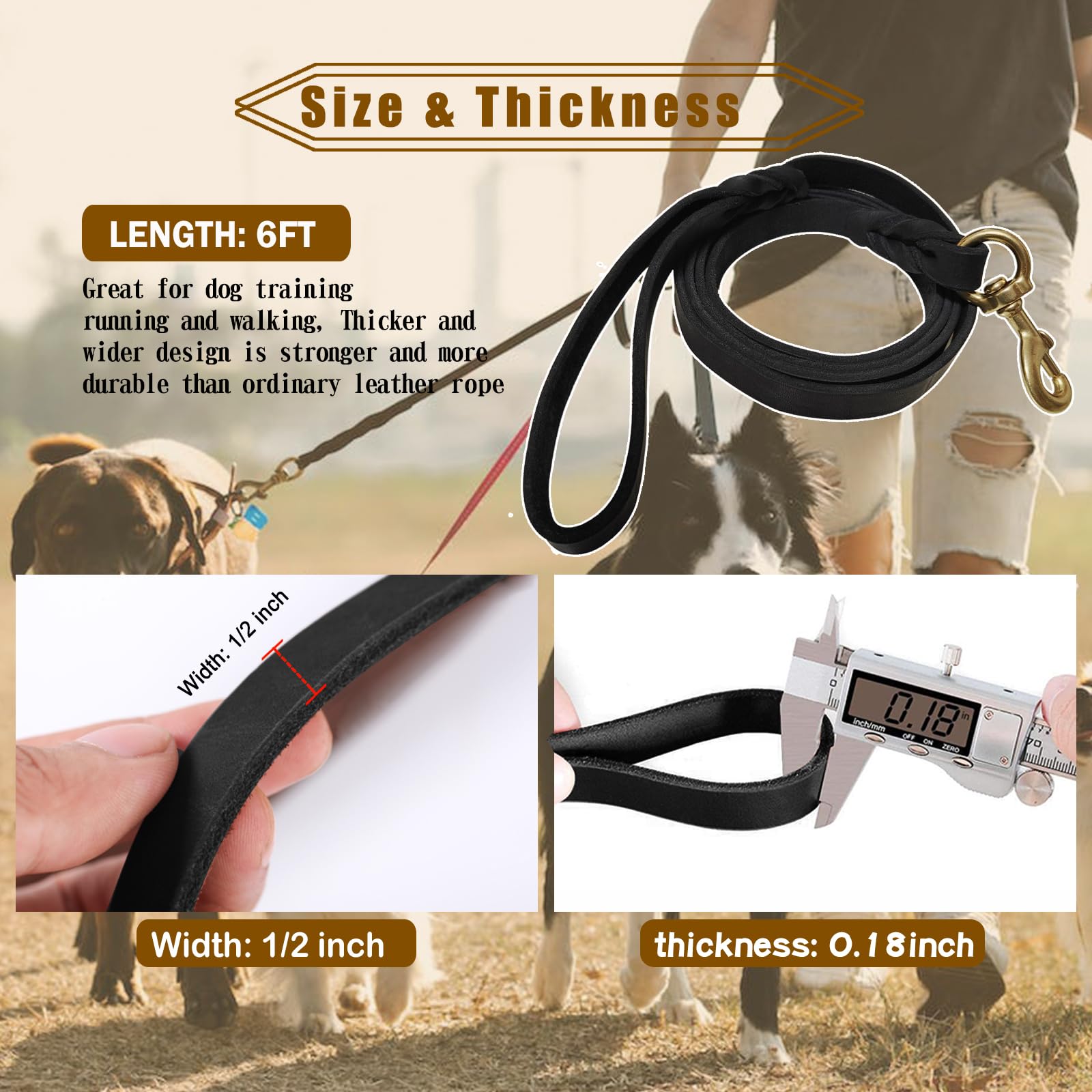 Meruogkar Leather Dog Leash 6Ft X 1/2 Inch,Strong Heavy Duty Genuine Leather Braided Dog Training Leash, Soft And Comfortable Le