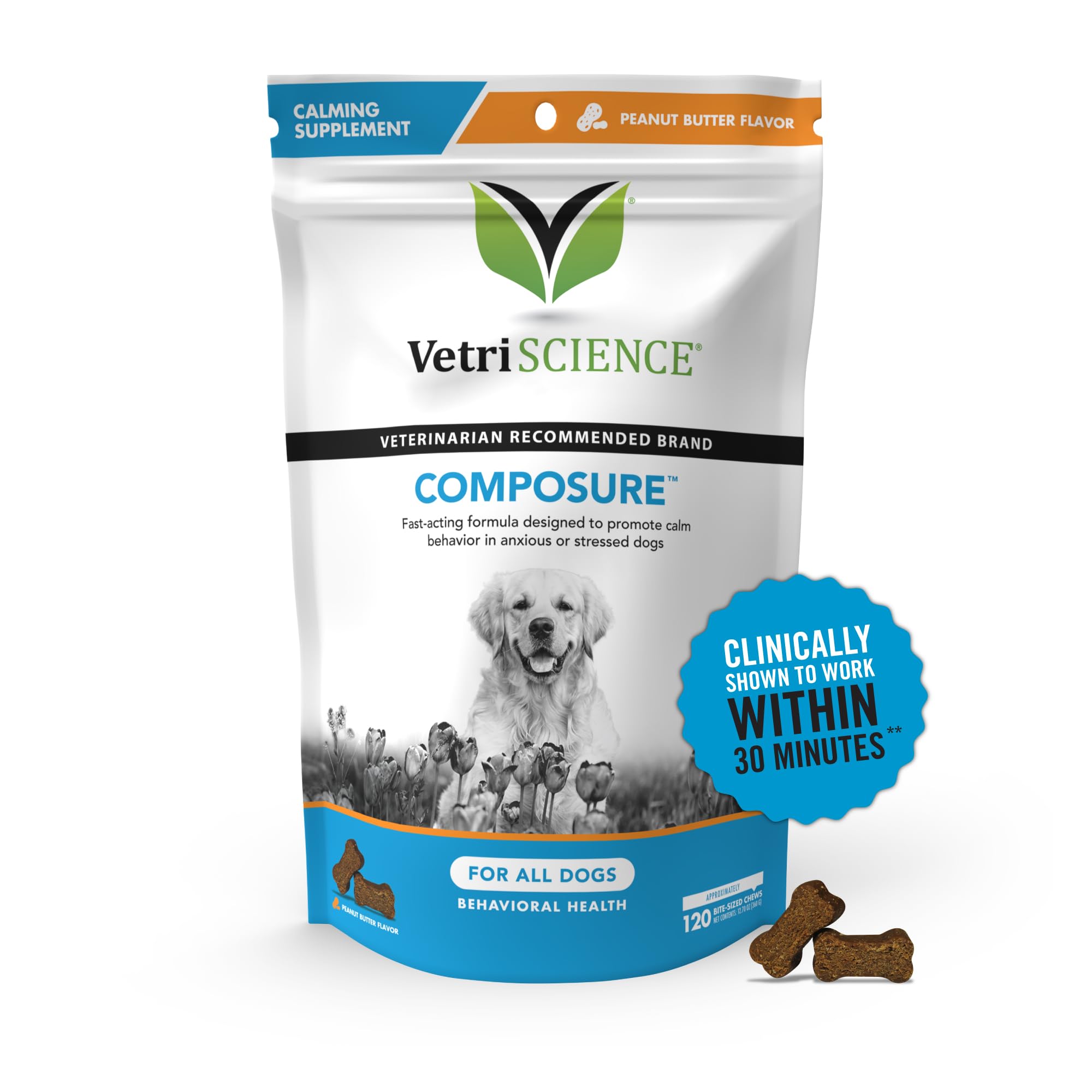 VetriScience Composure Calming Chews for Dogs - Clinically Proven Dog Anxiety Relief Supplement with Colostrum, L-Theanine & Vit