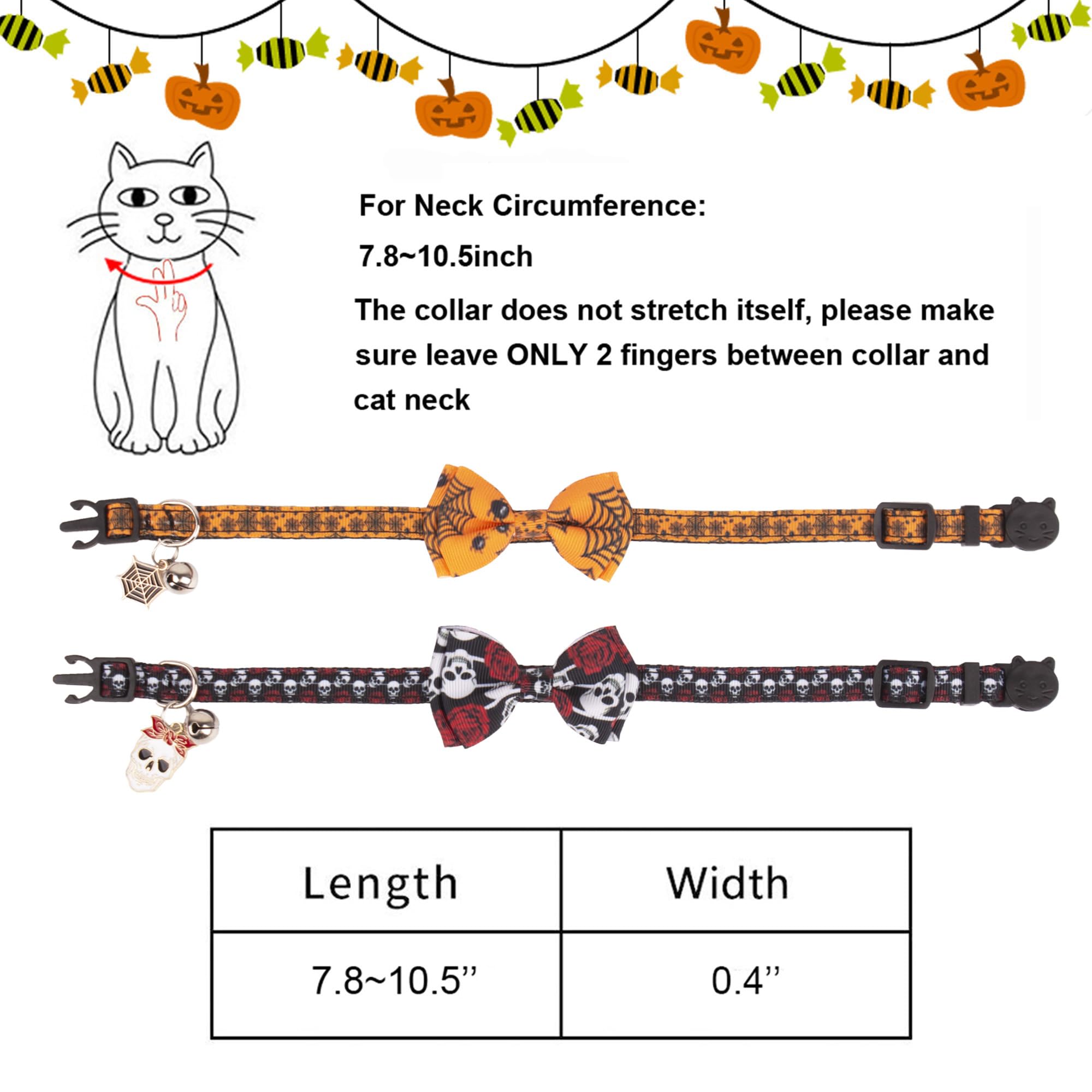 Adoggygo Halloween Cat Collars With Bow Bell, Breakaway Cat Bowtie Collar Spider Web Skull Pattern Halloween Collars For Girl Boy Cats Kittens (Halloween-2)