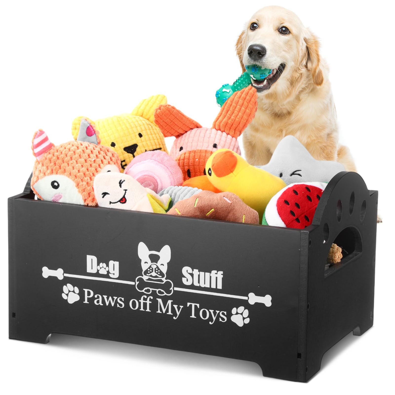 Marsui Wooden Dog Toy Bin Basket with Handle 14x9x8 Inches Large Dog Stuff Storage Box Cute Pet Stuff Organizer for Chew, Blanke