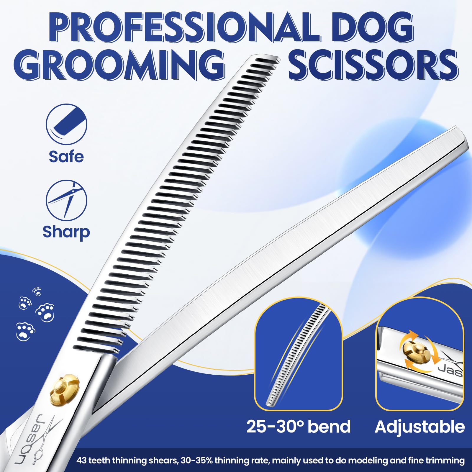 JASON Dog Grooming Scissors - 7.5" Curved Thinner, Ergonomic 440C Stainless Steel, Curved Blender Shears for Professional Groomers