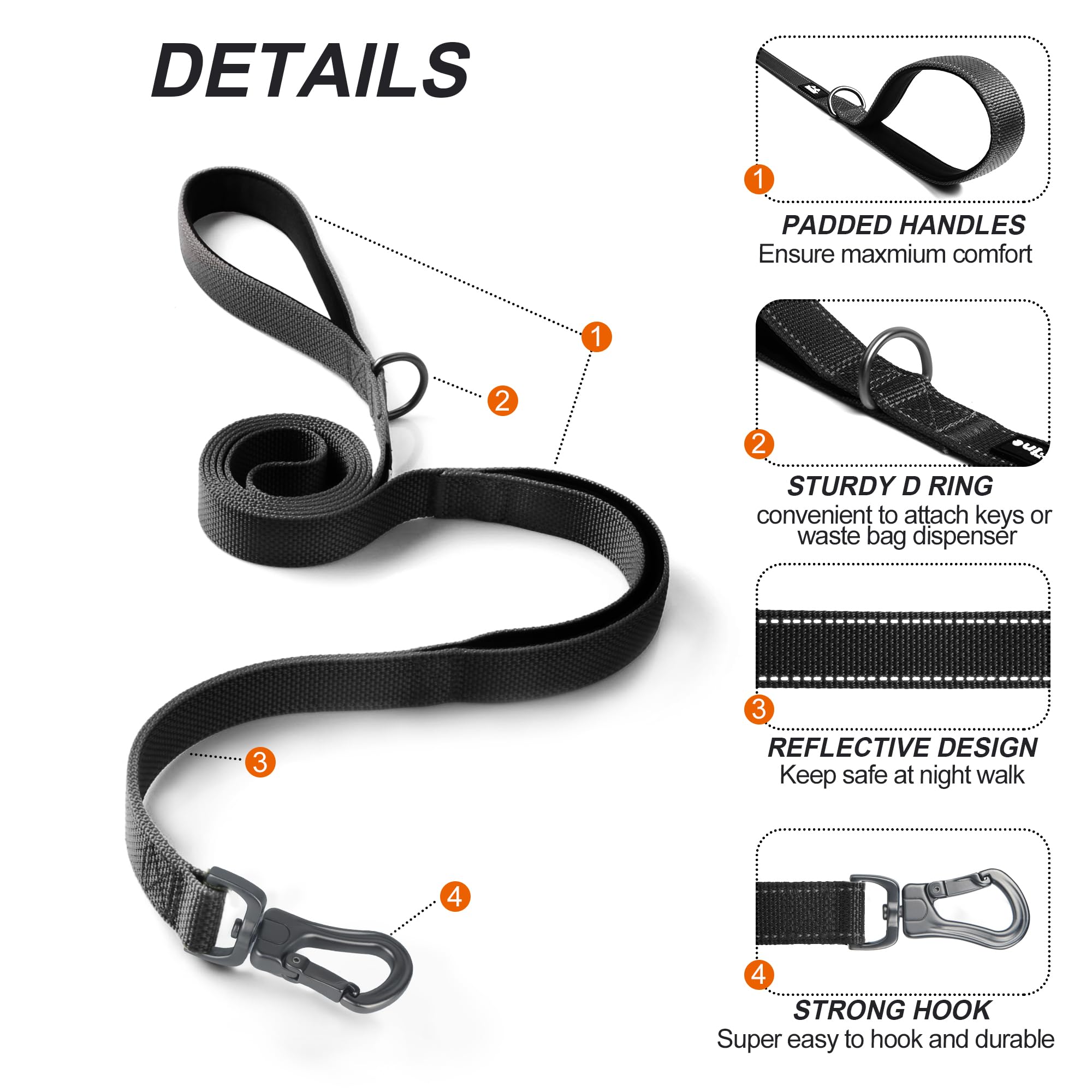 TwoEar Dog Leash - 6FT, 1IN, Black, Dual Padded Handles, Traffic Control, Reflective, Soft Material for Small Medium Large Dogs