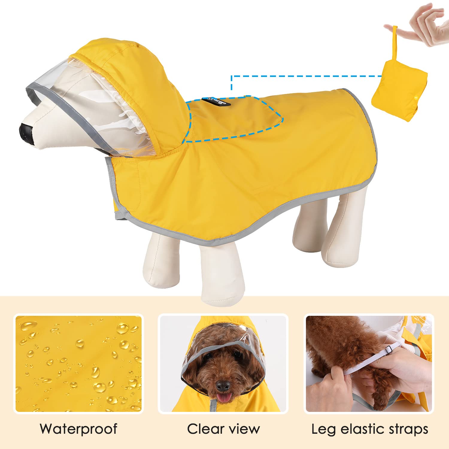 Slowton Dog Raincoat, Adjustable Dog Rain Jacket Clear Hooded Double Layer, Waterproof Dog Poncho With Reflective Strip Straps And Storage Pocket For Small Medium Large Dogs(M)