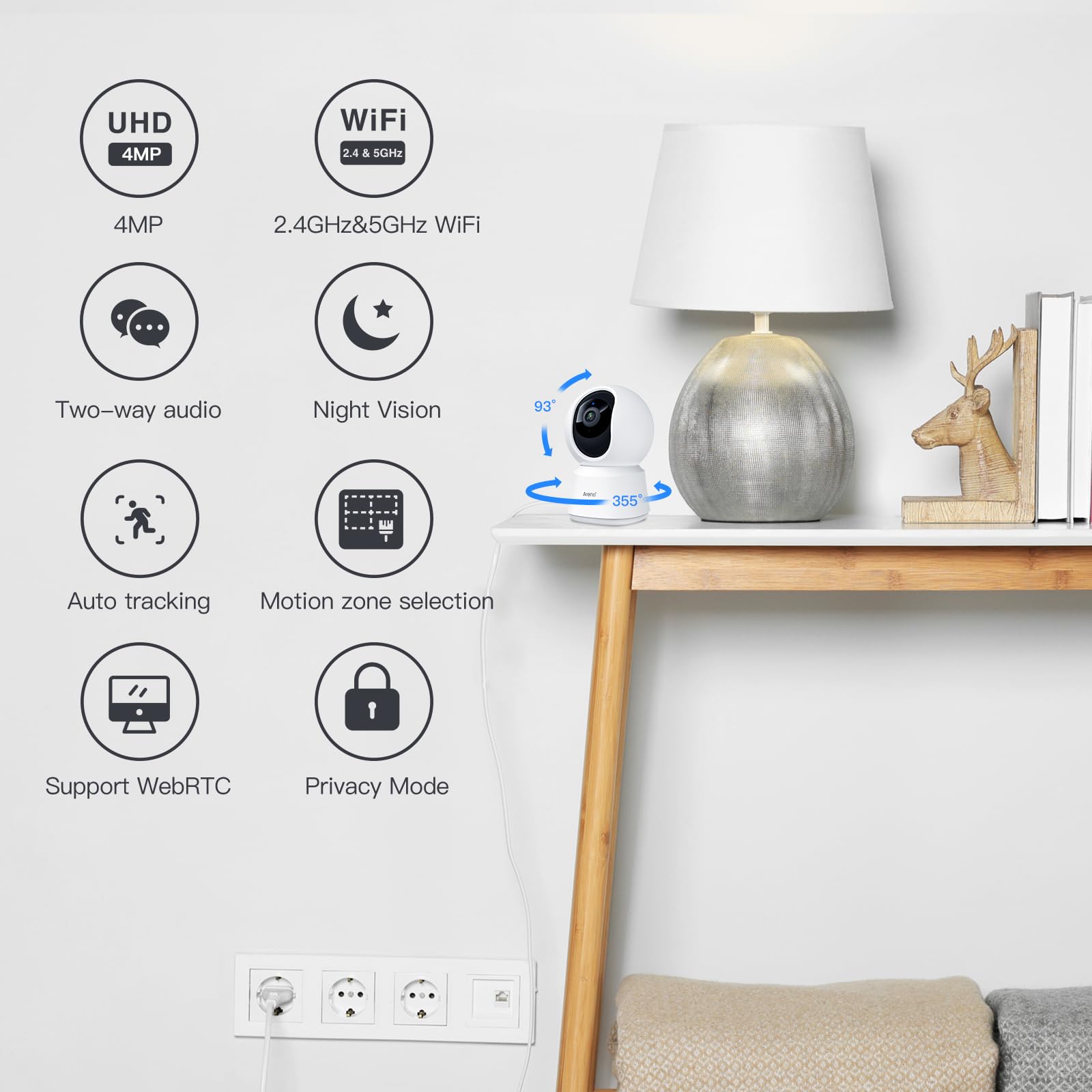 ARENTI 5G Indoor Security Camera, 4MP Pet Monitor, Dual-Band WiFi, Auto Tracking, 2-Way Talk, Cloud & SD Card Storage, Model P2Q-