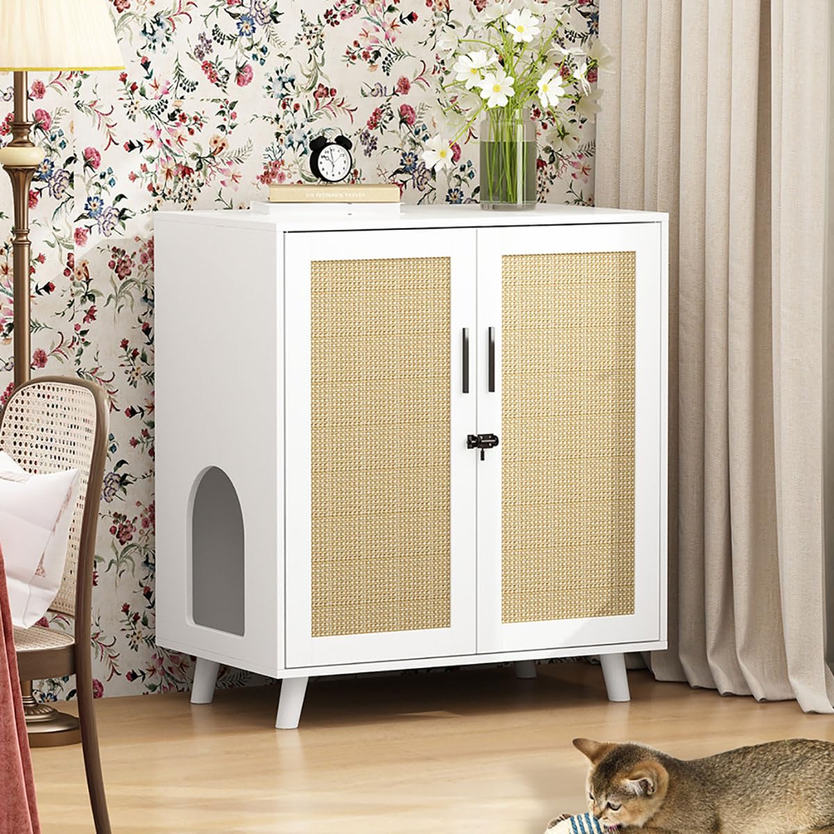 Lovinouse Large Cat Litter Box Enclosure,Hidden Kitty Litter Furniture With Sisal Covered Doors,2-Layer Wooden Cat Washroom Cabi