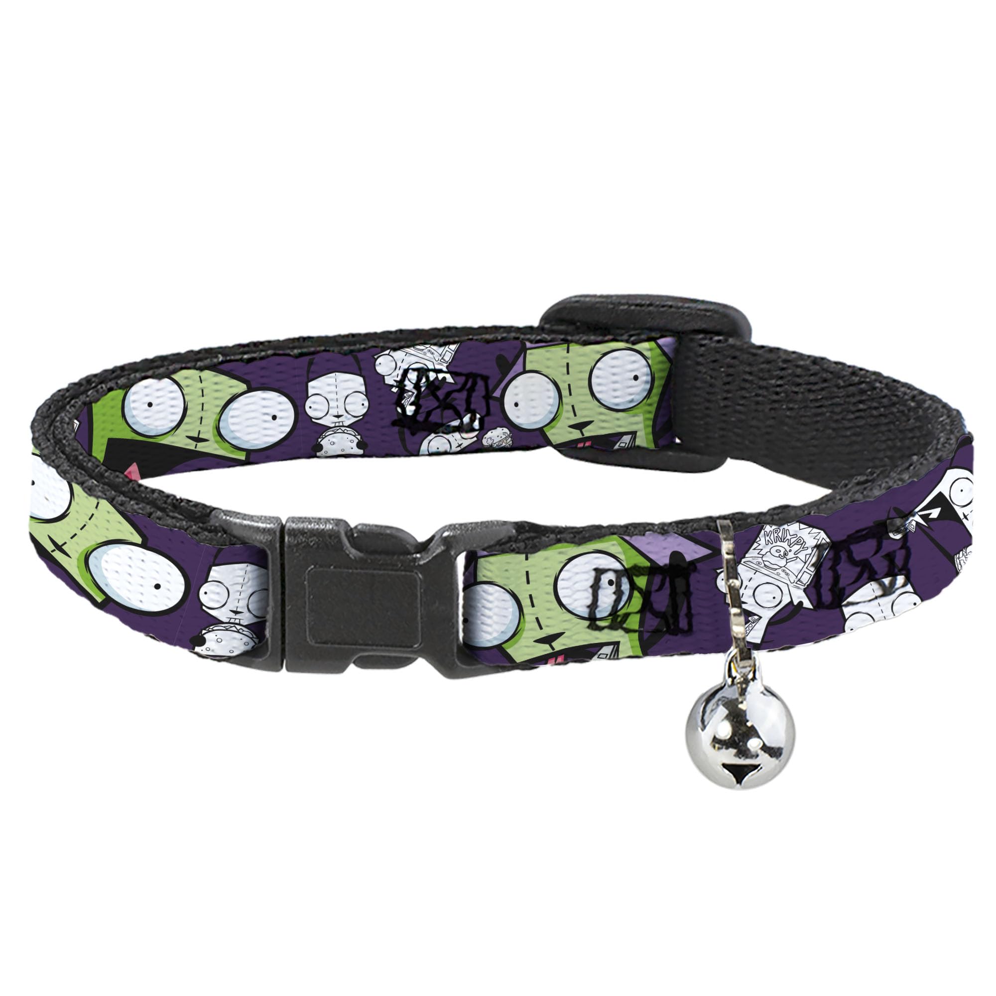 Nickelodeon Cat Collar, Breakaway Collar With Bell, Invader Zim Gir Poses And Sketch Purple, 8.5 To 12 Inches 0.5 Inch Wide
