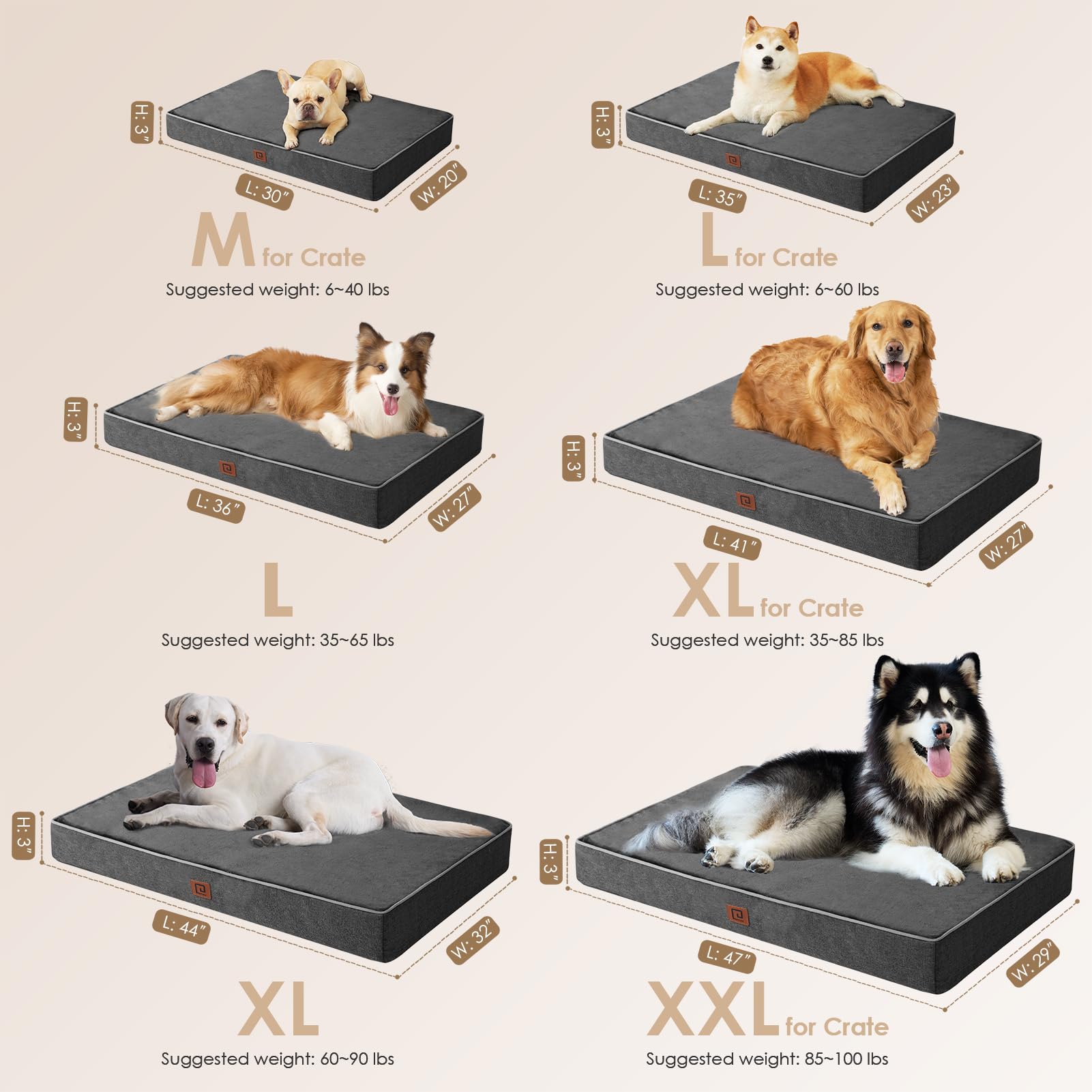 Eheyciga Orthopedic Memory Foam Dog Beds For Large Dogs With Removable Waterproof Liner, Dark Grey, 36X27