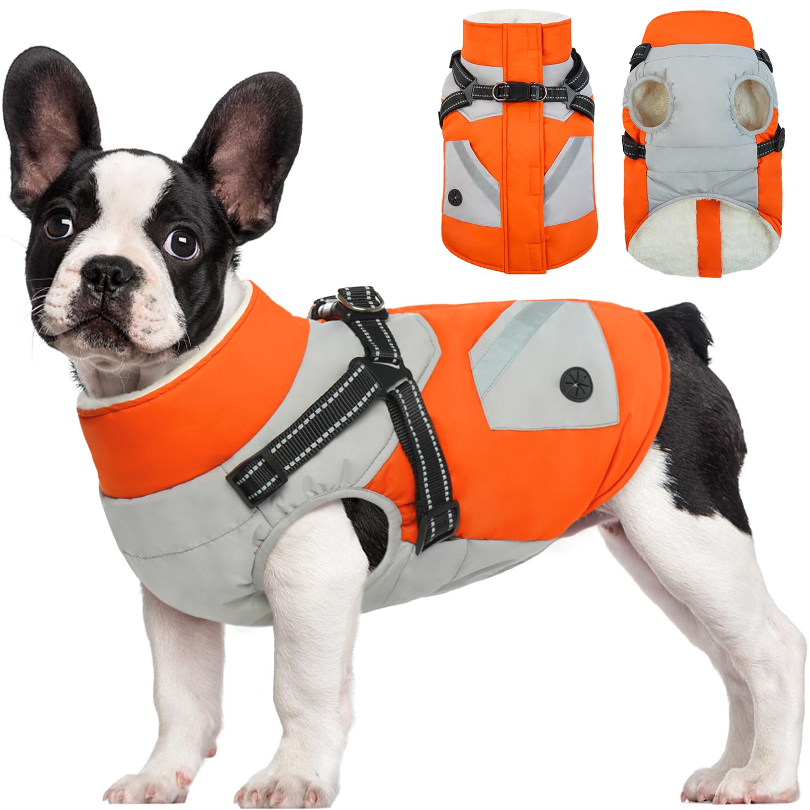 Fuamey Dog Jacket - Waterproof & Reflective Winter Coat With Built-In Harness & Zipper - Medium Orange With Poop Bag Pockets