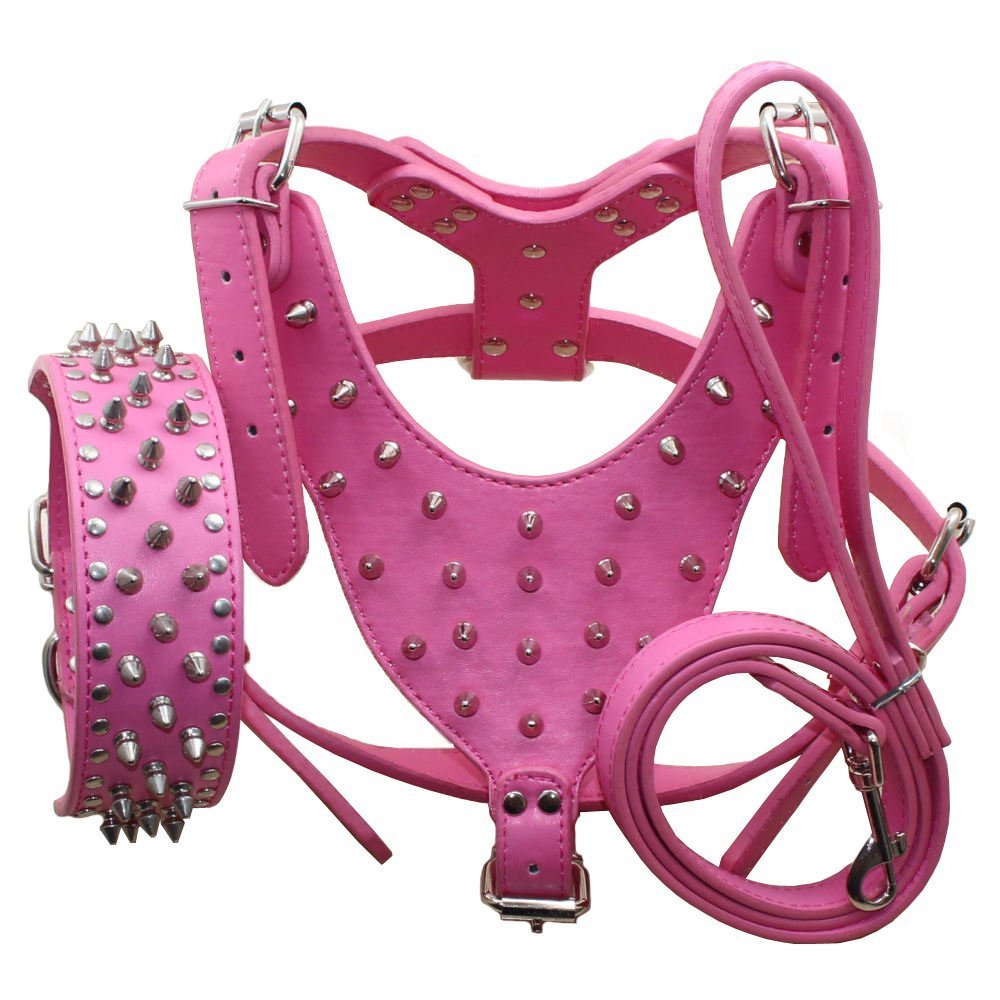 Haoyueer Leather Spiked Studded Medium & Large Dog Collars, Harnesses & Leashes 3Pcs Matching Set For Pit Bull,Mastiff, Boxer, Bull Terrier(Hot Pink,L)