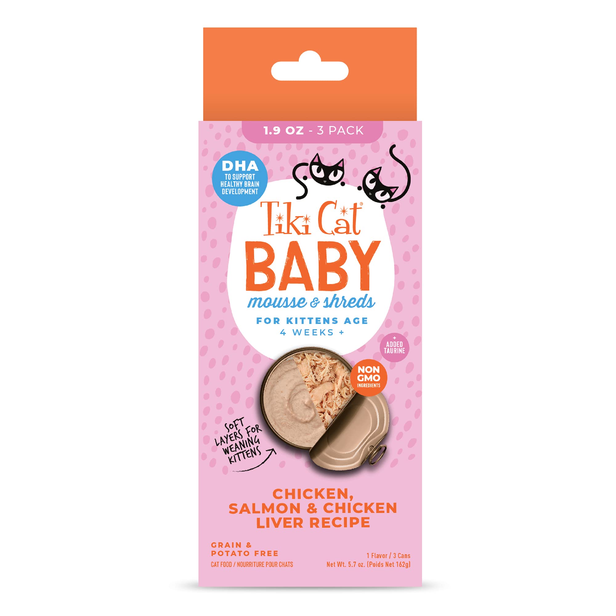 Tiki Cat Baby Mousse & Shreds, Chicken, Salmon, and Chicken Liver, High-Protein, Wet Cat Food for Kittens 4 Weeks+, 1.9 oz. Cans