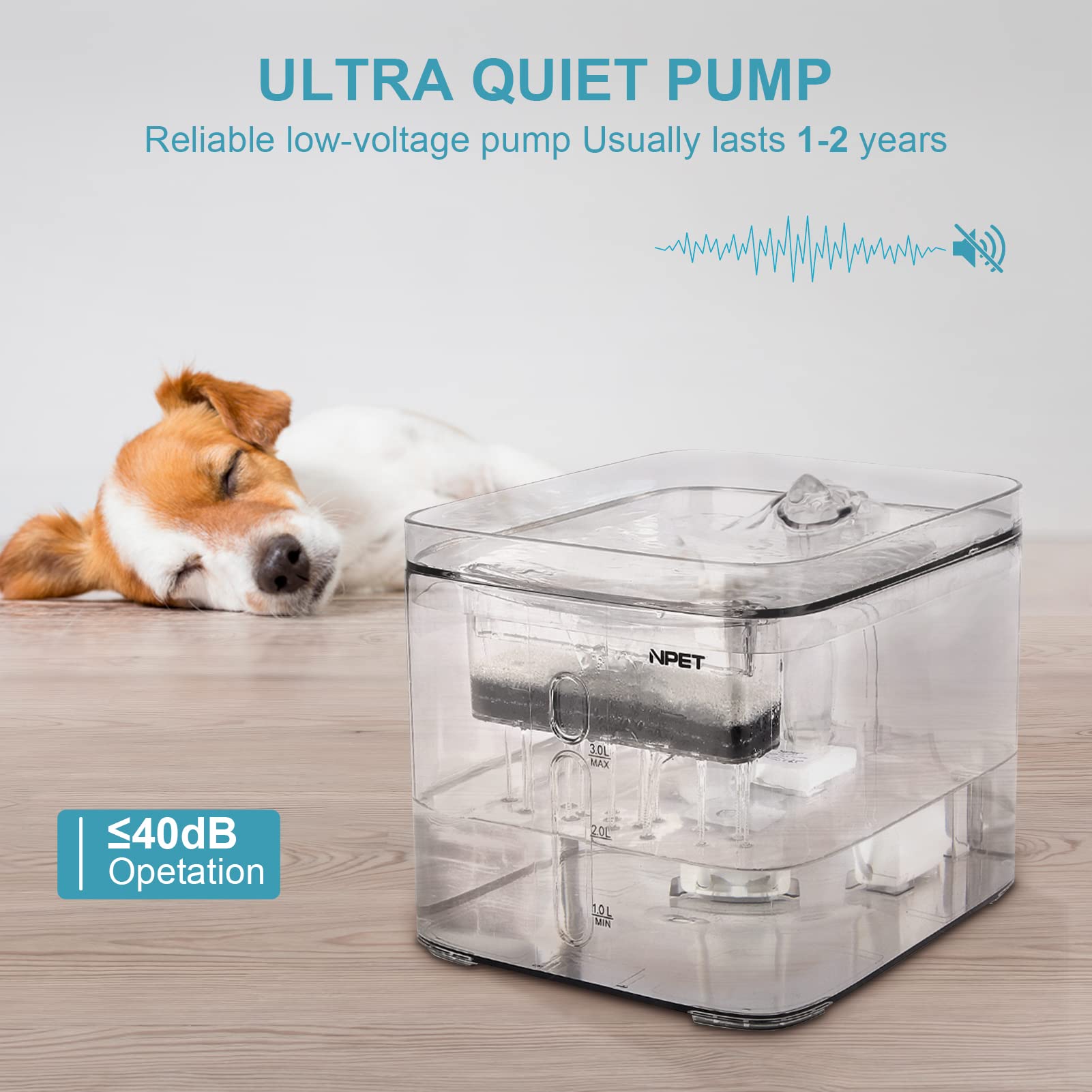 Npet Cat Water Fountain, 3L Automatic Pet Drinking Fountain Dog Water Dispenser With Quadruple-Action Filter (Wf020 Transparent)
