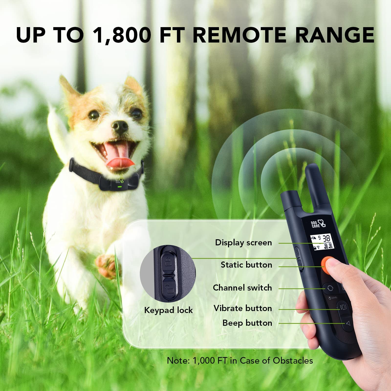 DOG CARE Dog Training Collar with Remote - 1800FT Rechargeable Shock Collar for All Dogs, Beep/Vibration Modes, Rainproof, Black