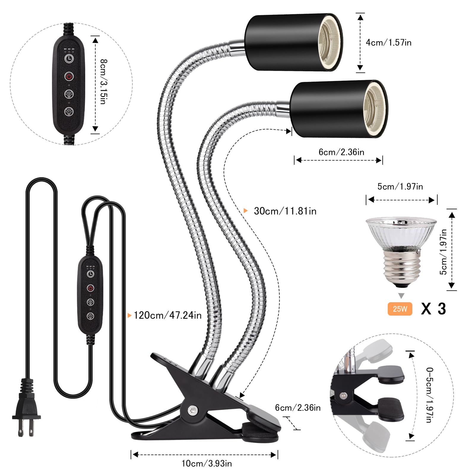 Buddypuppy Reptile Heat Lamp, Double-Head Reptile Light Timer, UVA UVB Reptile Light with Clamp for Tortoise, Leopard Gecko, Bea