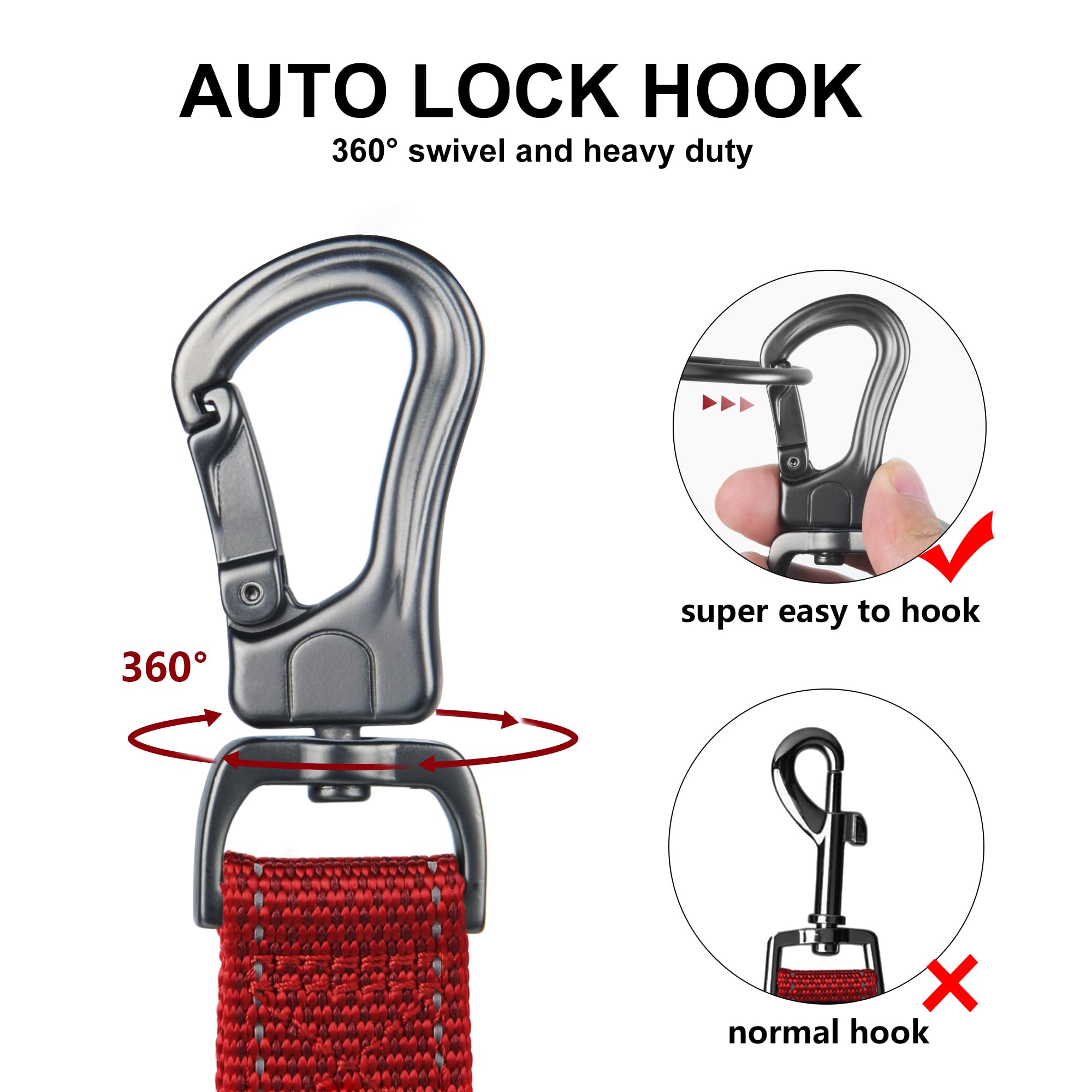 Twoear 6Ft 1In Strong Red Dog Leash With 2 Padded Handles, Traffic Handle Extra Control, Comfortable Soft Dual Handle, Auto Lock