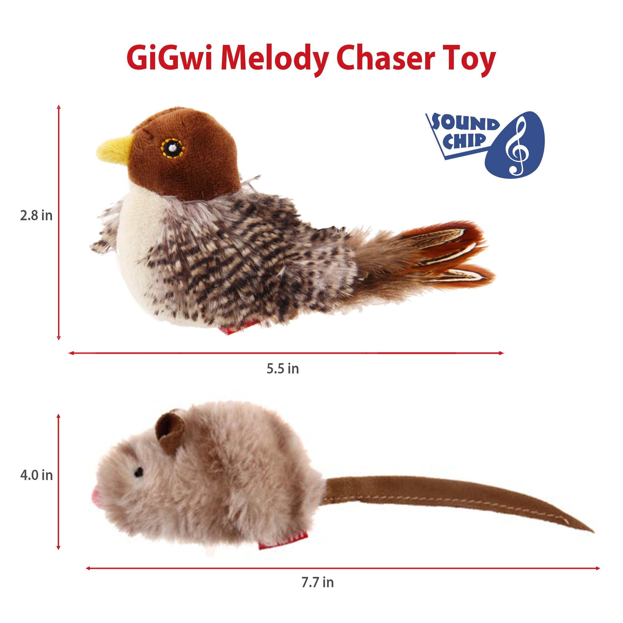 Gigwi Chirp Cat Toy Set - Interactive Motion Activated Squeaky Toy for Indoor Cats - Bird+Mouse, Model G10053