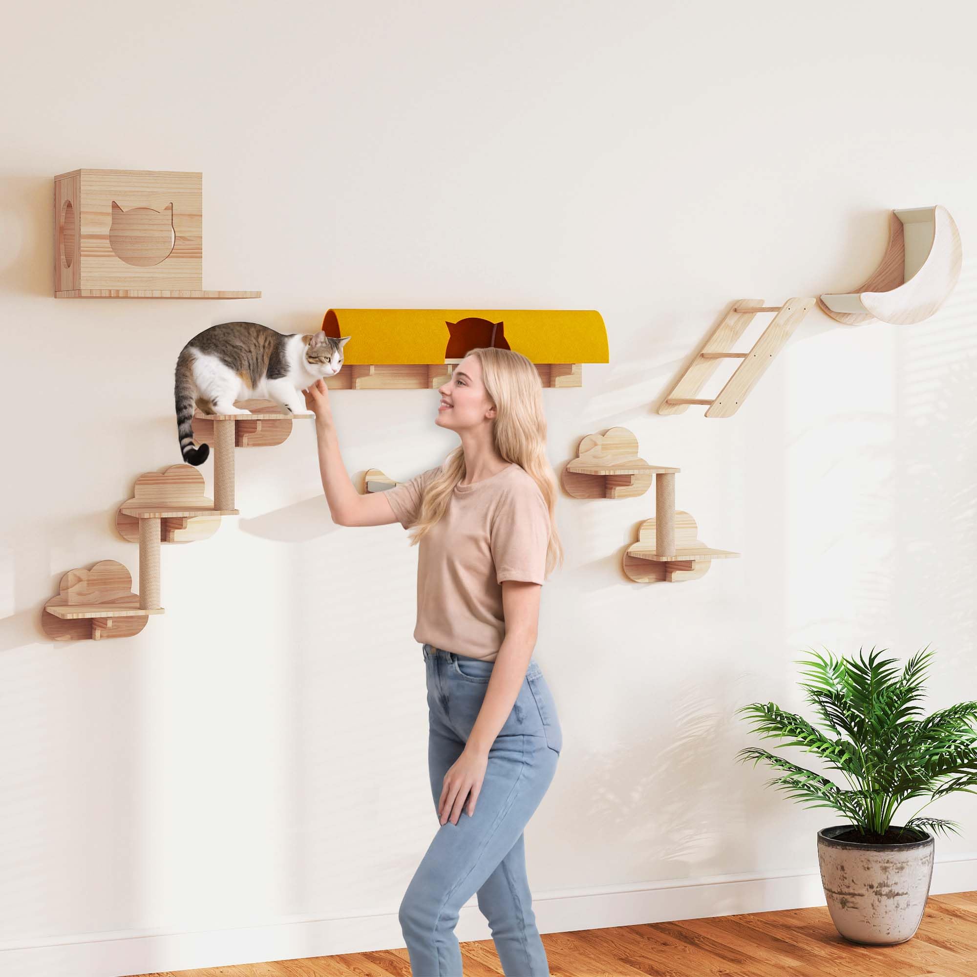 Homiflex Cat Wall Shelves and Perches, Solid Wood Wall Mounted Cat Furniture, Set of 13 Cat Climbing Shelves with Moon Hammock,