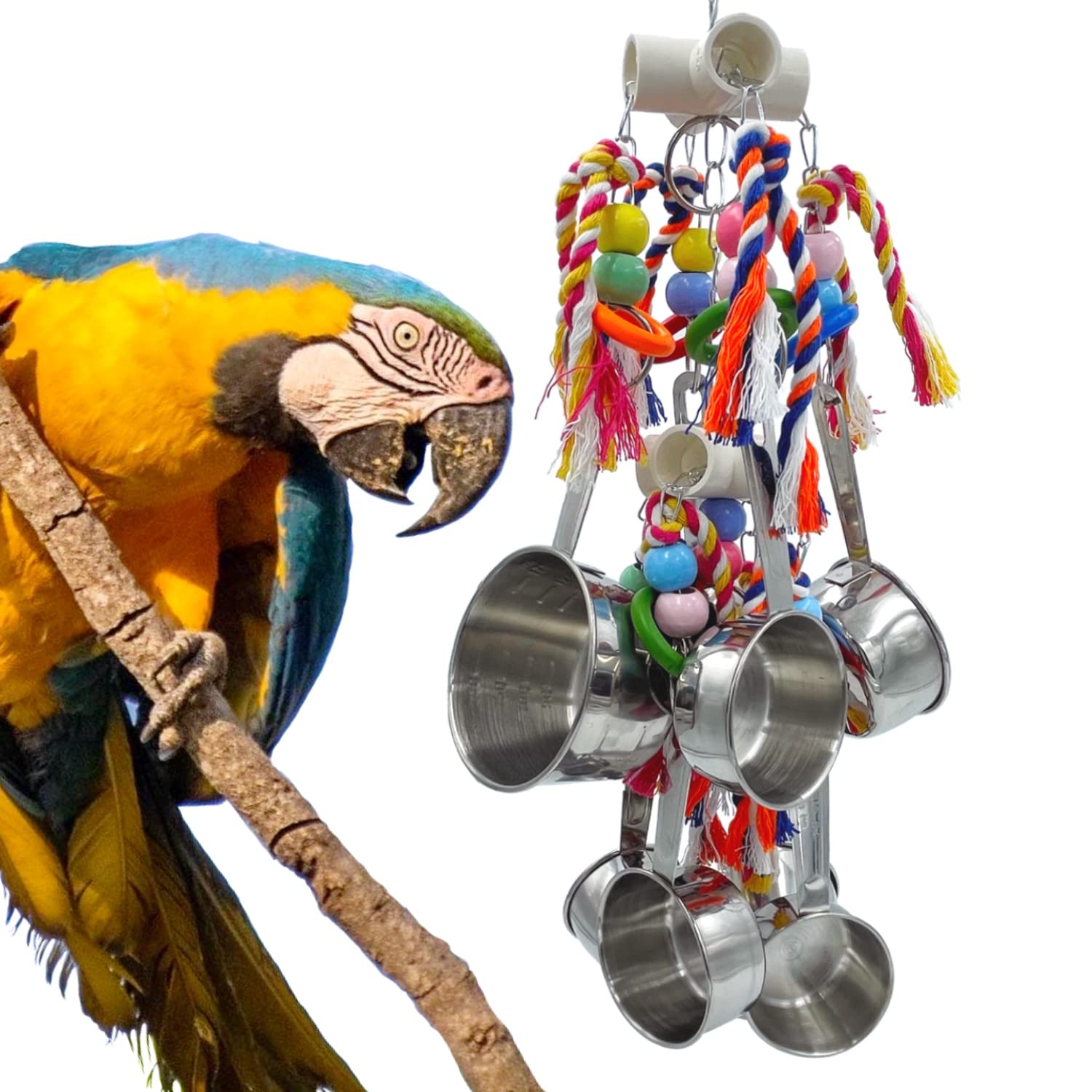 Gilygi New Upgraded Metallic Pots And Multicolored Ring Toys, Pullable 8 Stainless Steel Cups And 8 Wooden Ring Toys For Large And Extra Large Parrot Amazons Macaws African Greys Cockatoos Eclectus