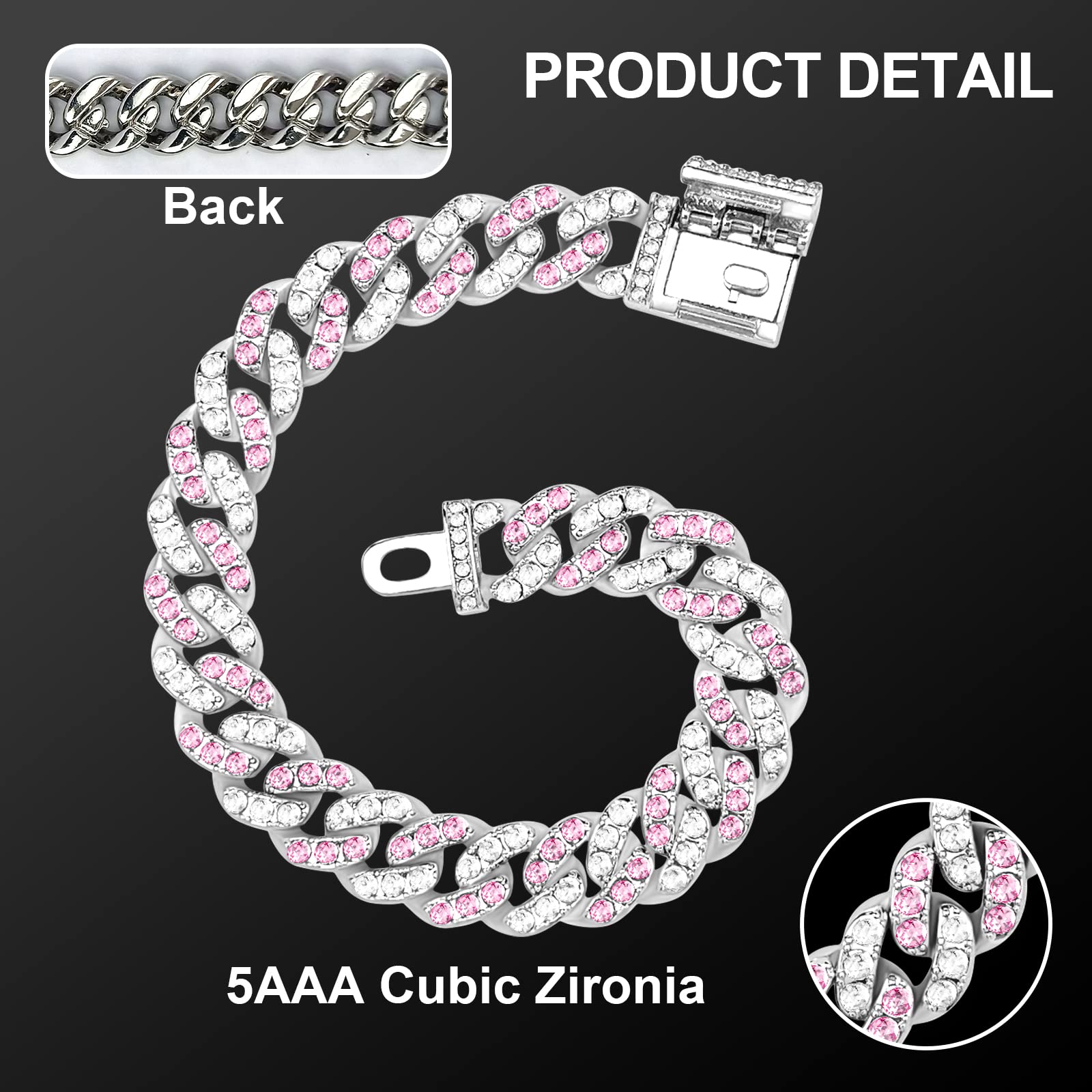 Wimupath Silver-Plated Pink Diamond Dog Collar - Cuban Style Metal Chain With Secure Buckle, Luxury Durable Collar For Small/Med