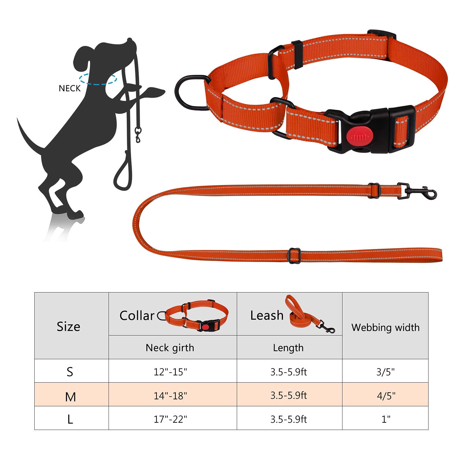 Martingale Dog Collar And Leash Set Martingale Collars For Dogs Reflective Martingale Collar For Small Medium Large Dogs(Orange&L)