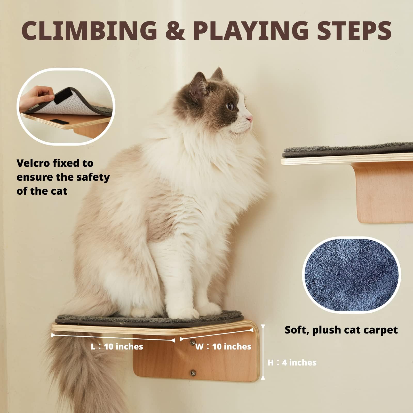 LIORCE Cat Wall Shelf - Waved Two-Step Wooden Perches for Climbing & Lounging - Cream and Blue