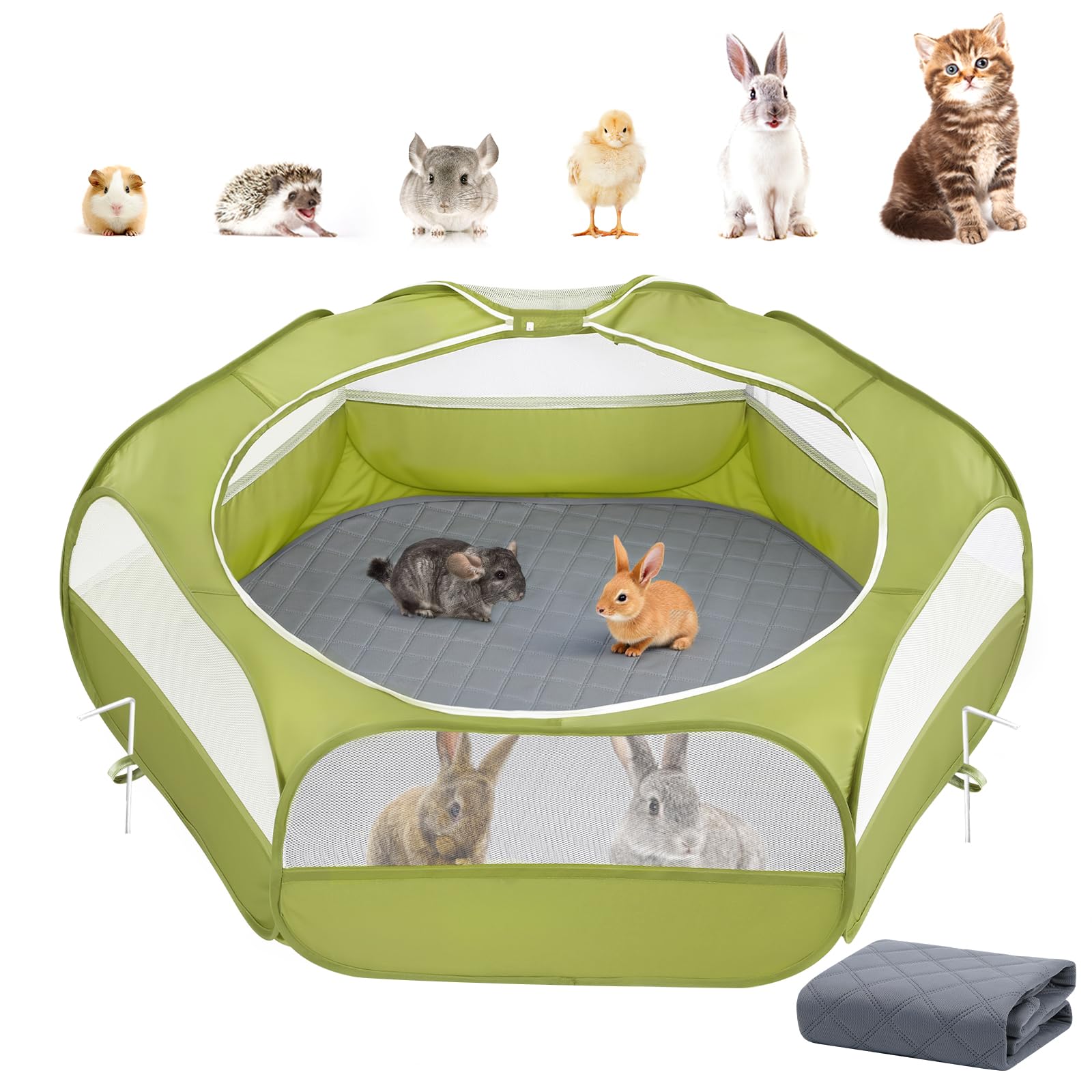 2-in-1 Small Animals Playpen with Pad, Waterproof Small Pet Cage Tent with Reusable Pad, Portable Outdoor Yard Fence with 3 Meta
