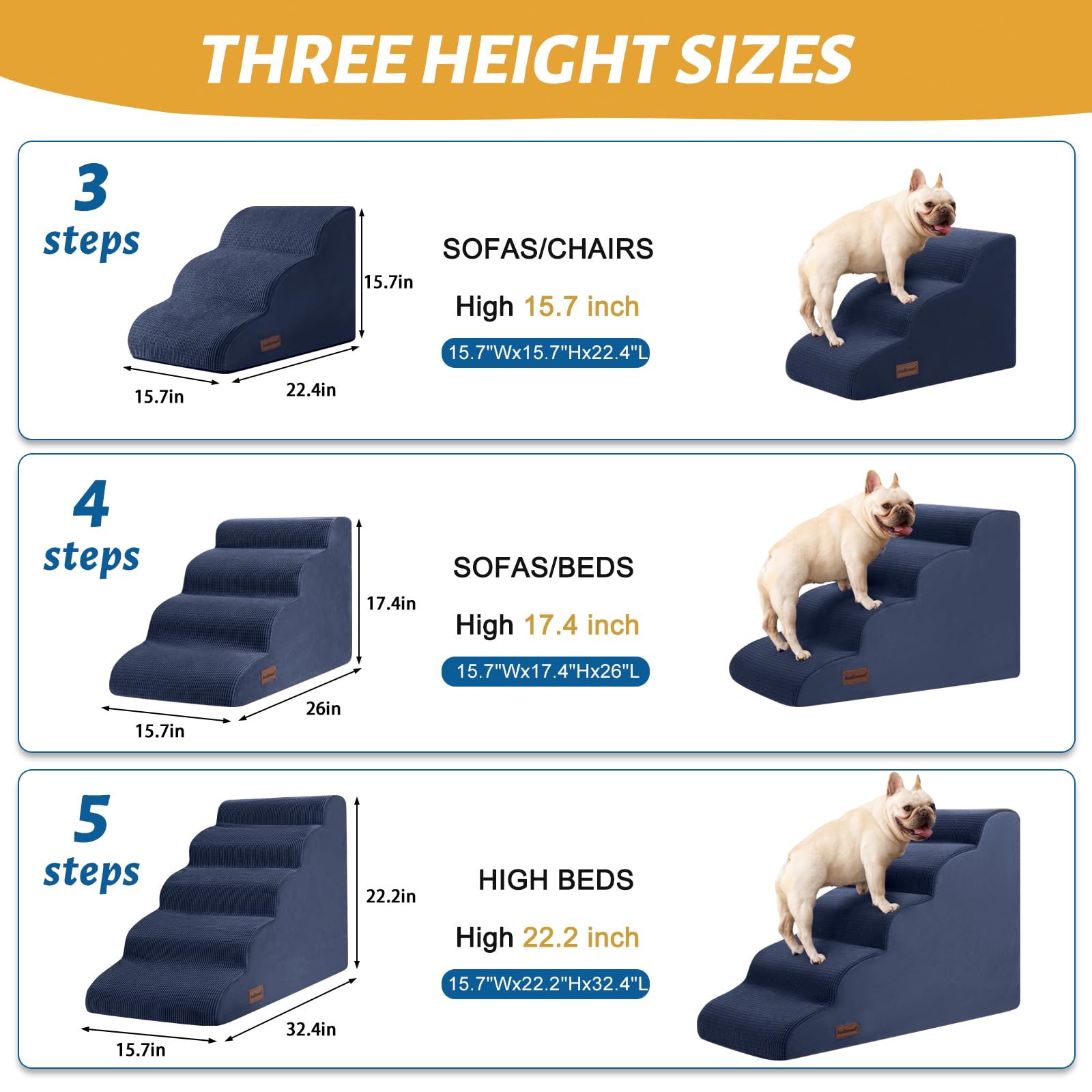 Aodisman 4-Step Dog Stairs and Ramp for Beds or Couches,Non-Slip Sturdy Pet Steps for Small Dogs and Cats,17.4 H,Blue