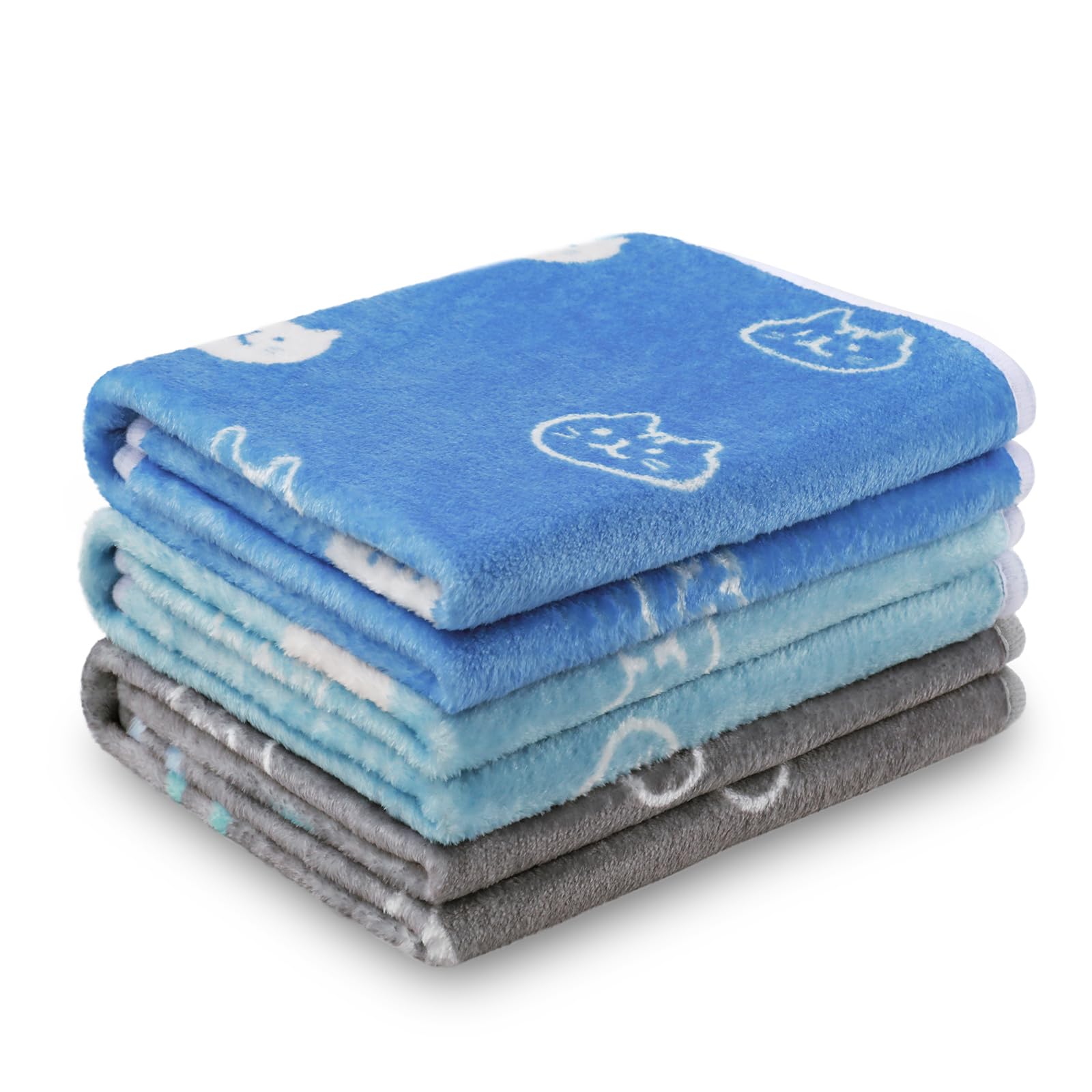1 Pack 3 Blankets Super Soft Fluffy Premium Cute Cat Pattern Pet Blanket Flannel Throw for Dog Puppy Kitten Blue/Cyan/Grey Mediu