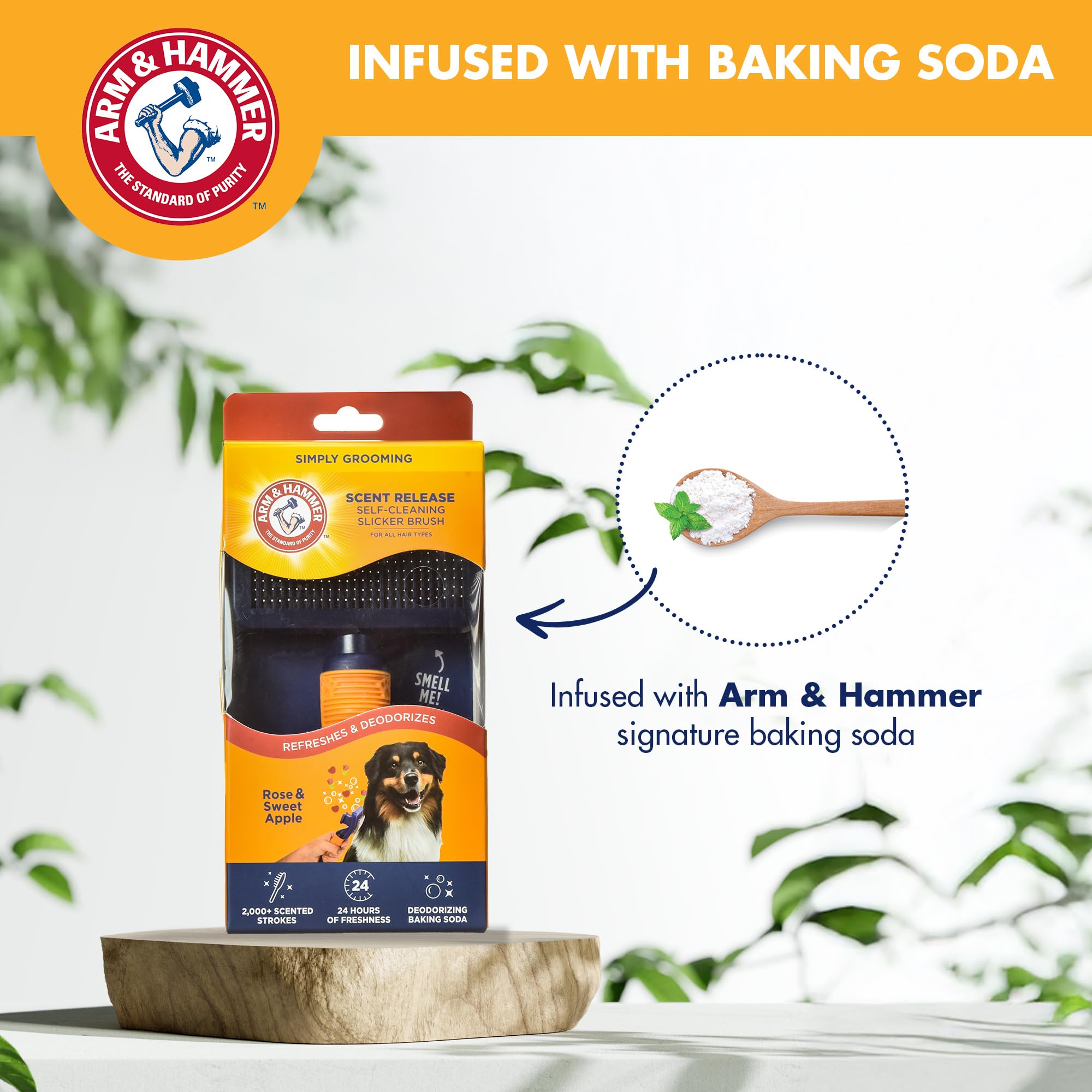 Arm & Hammer Slicker Brush for Dogs - Self-Cleaning, Scented with Sweet Apple & Rose - Navy & Yellow, Model FF33570