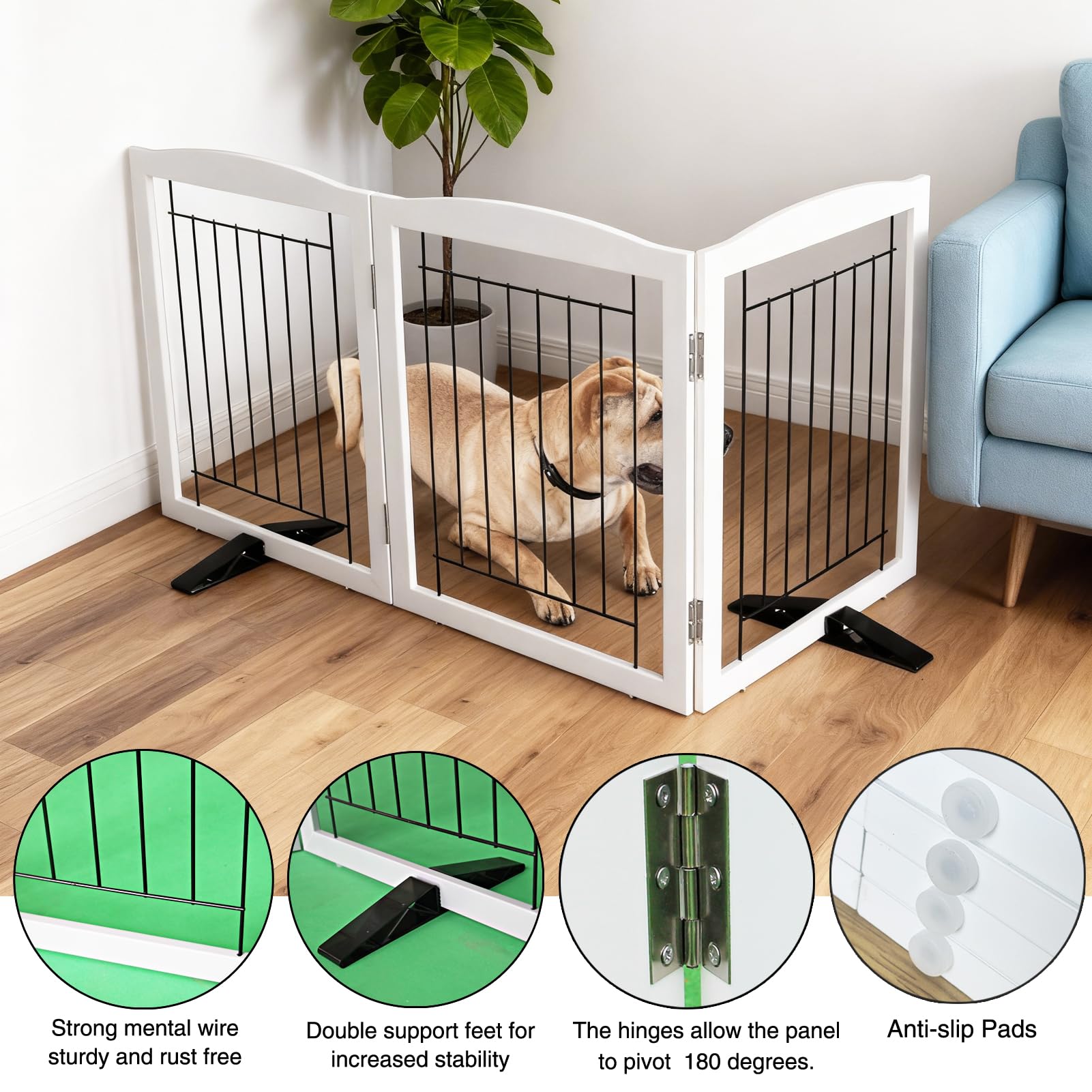 ZJSF Freestanding Dog Fence Indoor, Foldable Dog Gate for Doorways, Stairs or Hallways, Sturdy Wood Extra Wide Pet Gate with Sup