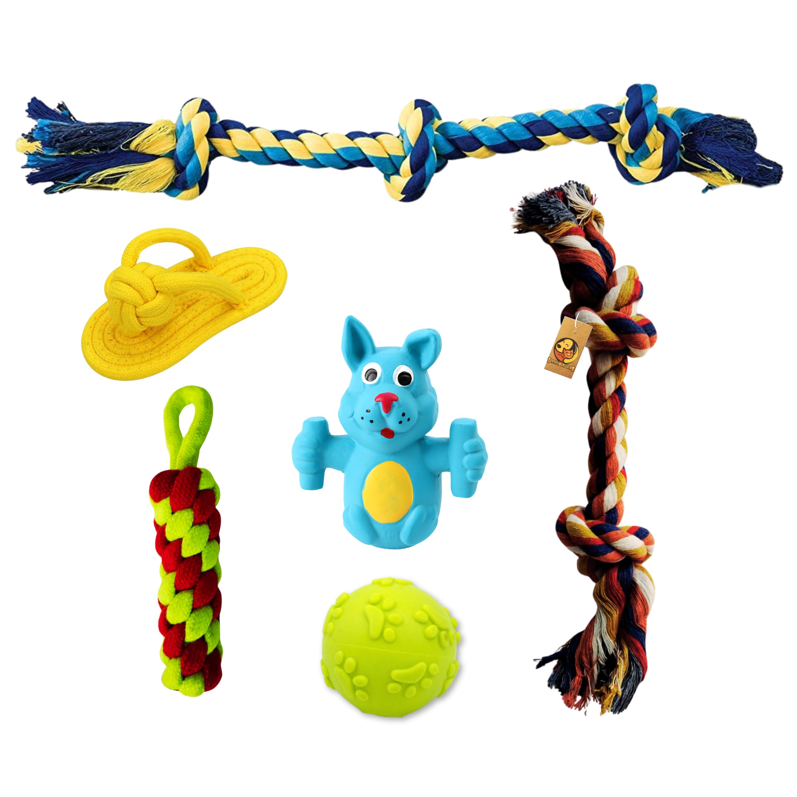 Foodie Puppies 6 In 1 Squeaky And Chew Rope Dog Toy Combo  (2Knot Rope + 3Knot Rope + Slipper + Corn Stick + Claw Ball + Blue D