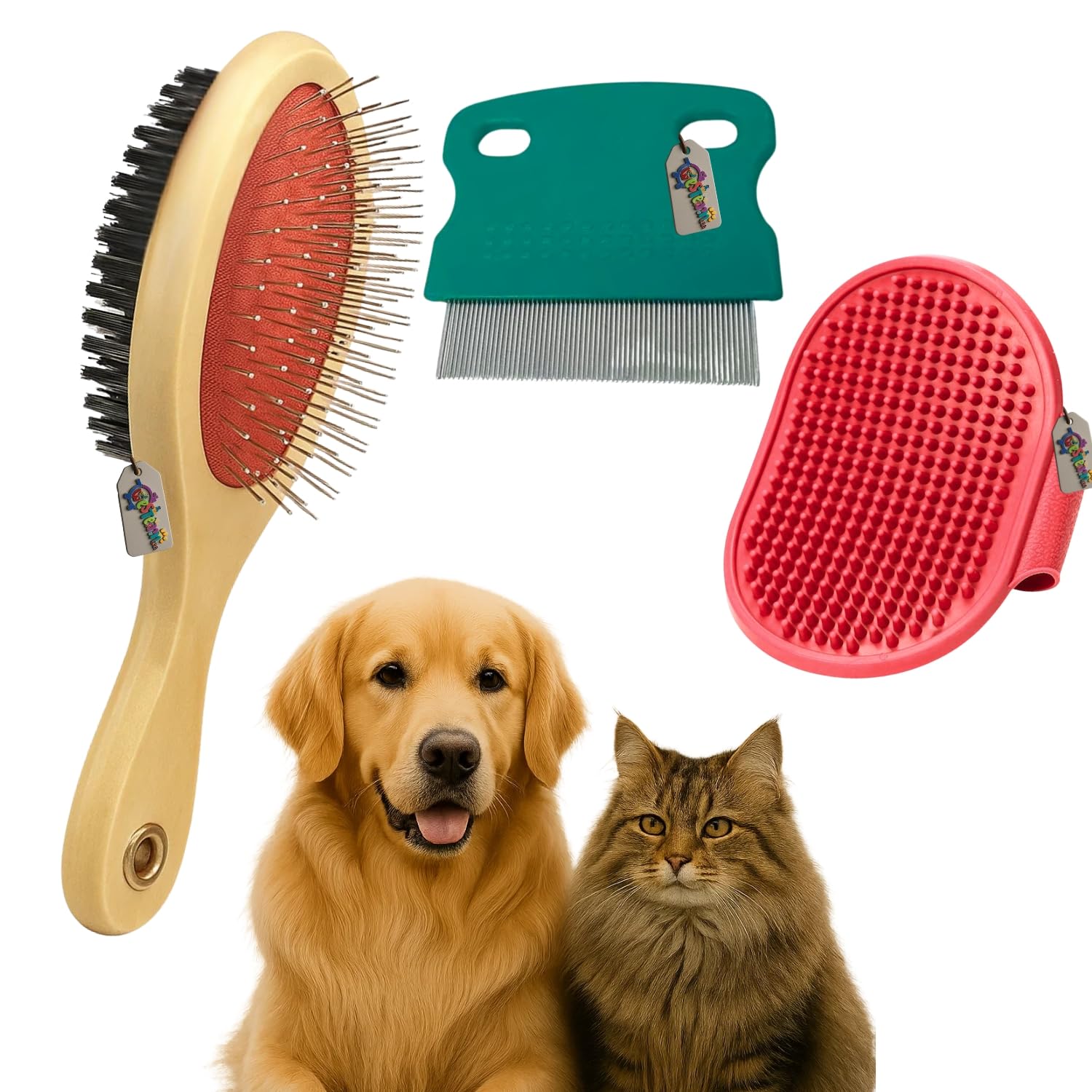 Western Era 3 In 1 Pet Bathing Grooming Combo For Dogs & Cats | Wood Double Side Brush | Palm Flea, Tick Comb, Fine Metal Pins |