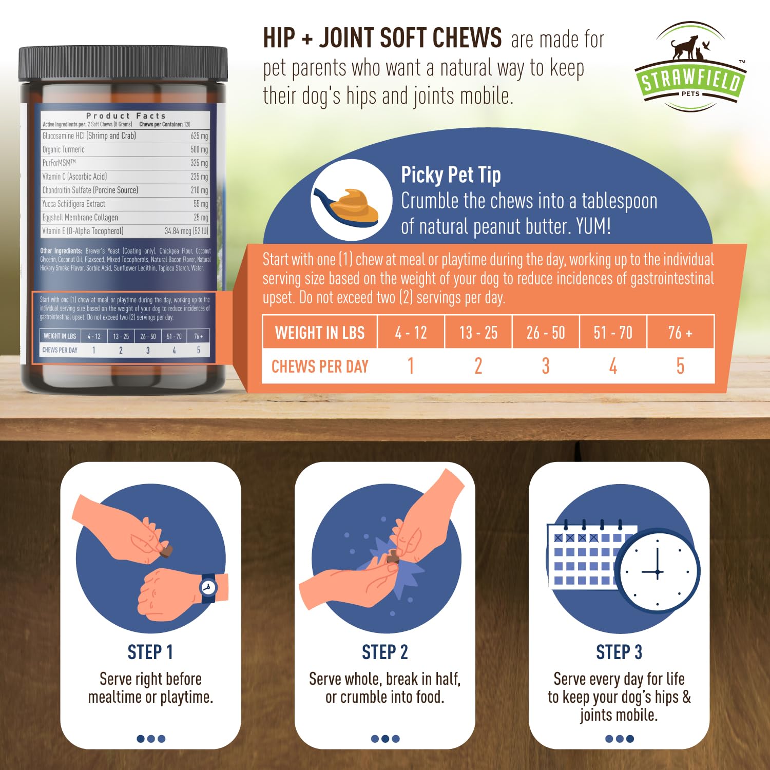 Strawfield Pets Hip + Joint Chews for Dogs Advanced Dog Joint Supplement with Glucosamine Tasty Healthy Mobility Treats Bacon Fl
