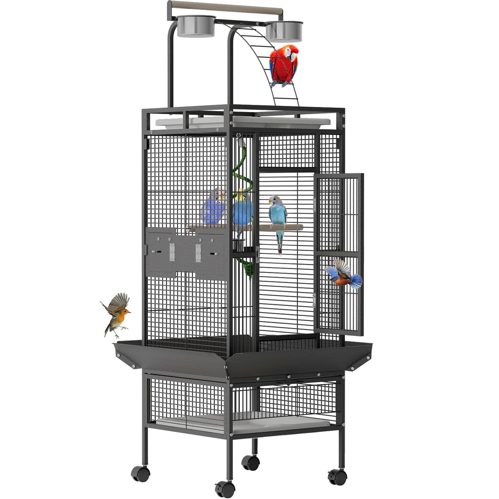 60 Inch Wrought Iron Large Bird Cage with Rolling Stand, Metal Parrot Cage with Play Top & 4 Stainless Steel Bowls for African G