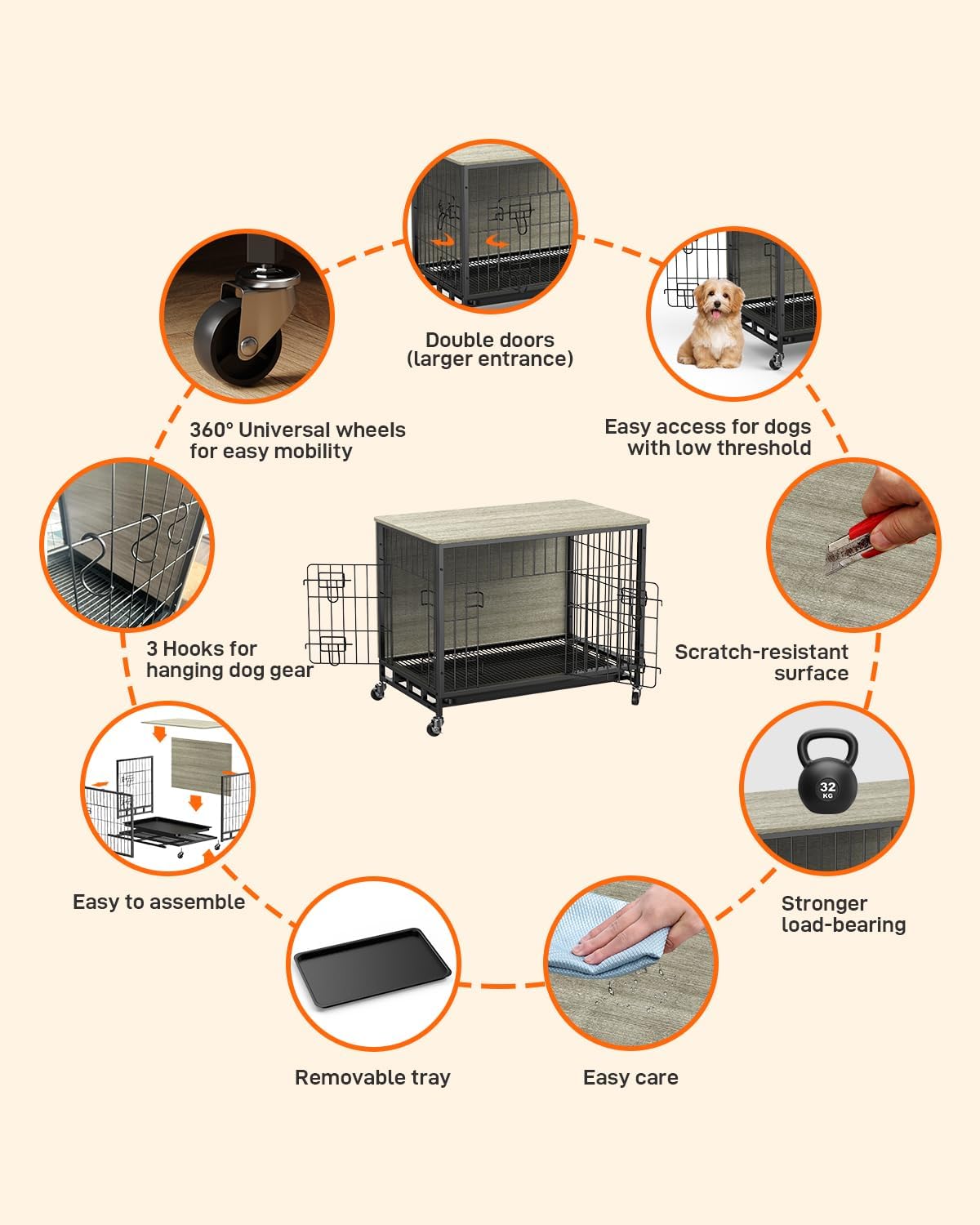 Dog Crate Furniture, 32.5 Wooden Dog Crate with Double Doors & Wheels, Upgraded Medium Dog Kennel End Table, Indoor Dog Cage Dog