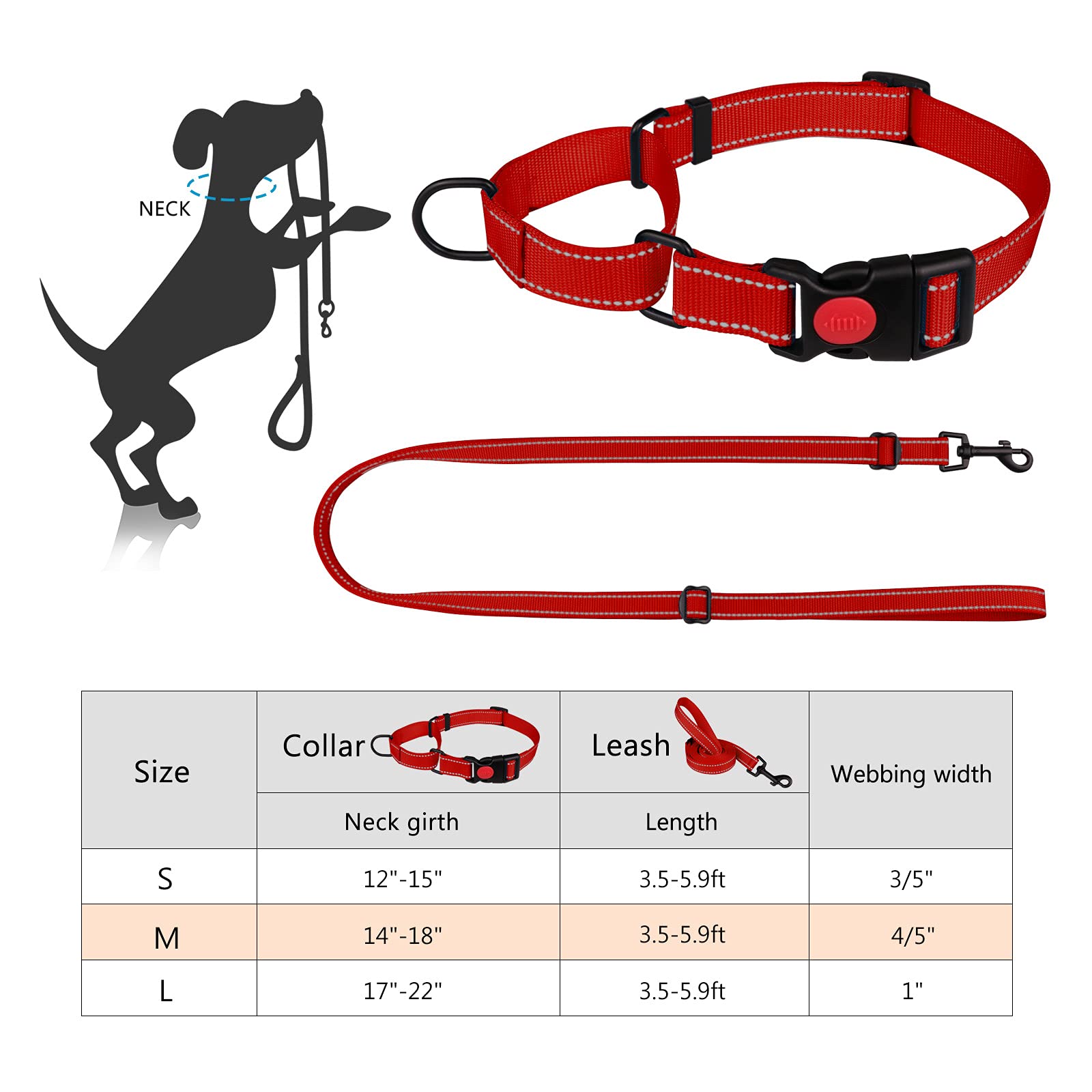 Martingale Dog Collar And Leash Set Martingale Collars For Dogs Reflective Martingale Collar For Small Medium Large Dogs(Red&S)