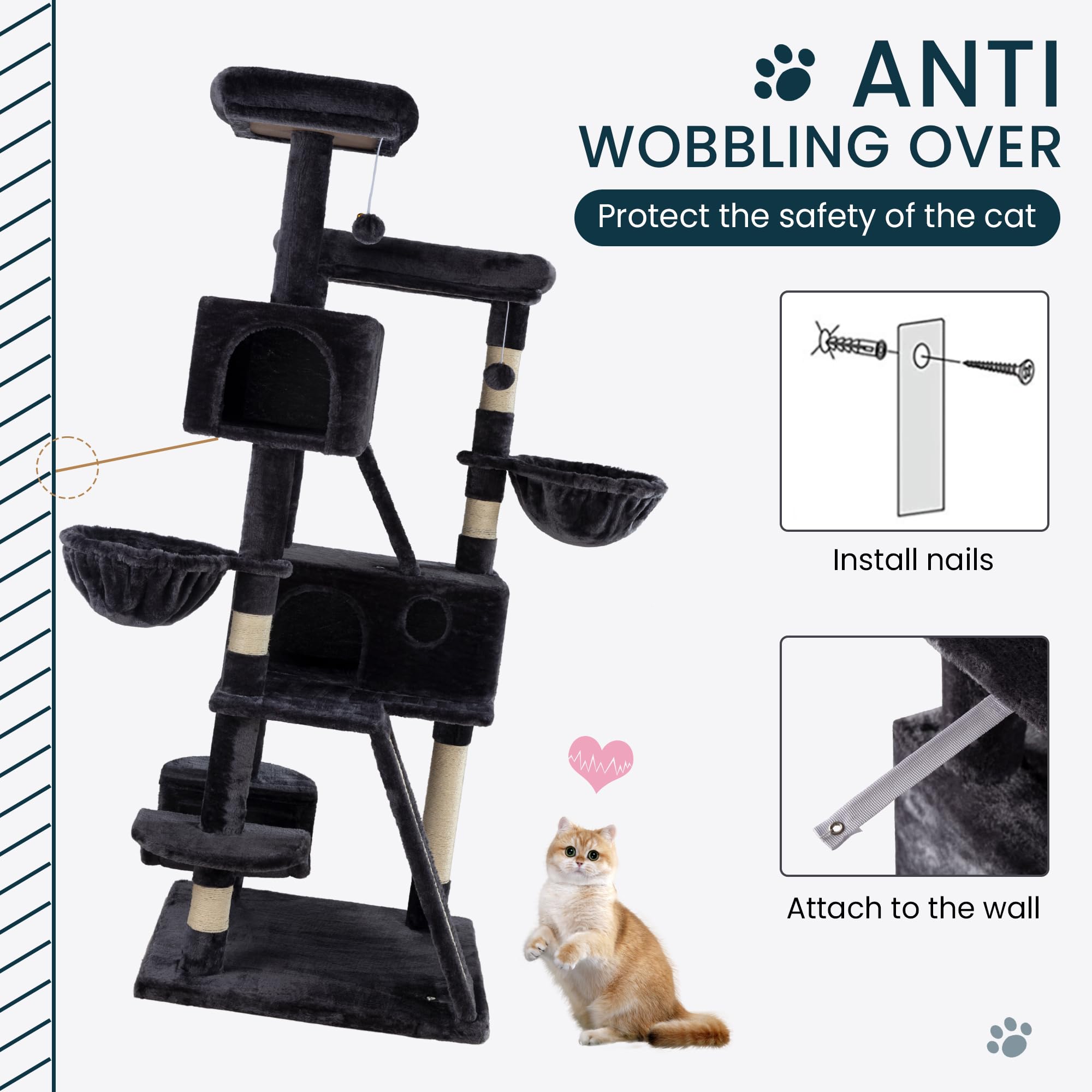 Sha Cerlin 65In Larger Cat Tree Tower Condo For Indoor Kitties/Multi-Level Furniture Activity Center With Wide Base/Cozy Plush Cat Perches/Baskets/Sisal Scratching Posts And Hammock/Dark Grey