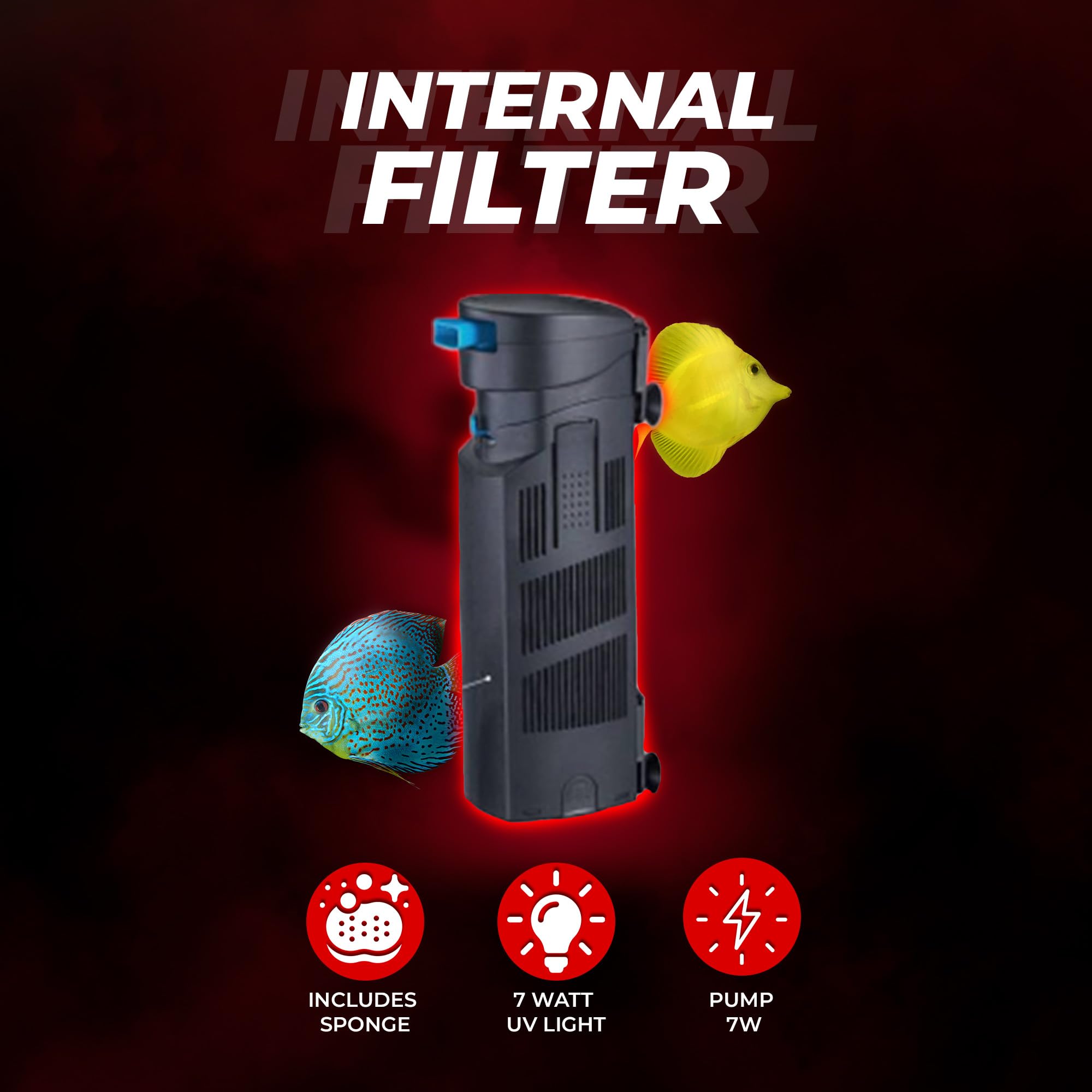 Aquatop Submersible Internal Filter - 72-126 GPH, Adjustable Flow Rate, UV 7, Black, Model AQUATOP-SP7-UV, Includes Replaceable Filter Sponge