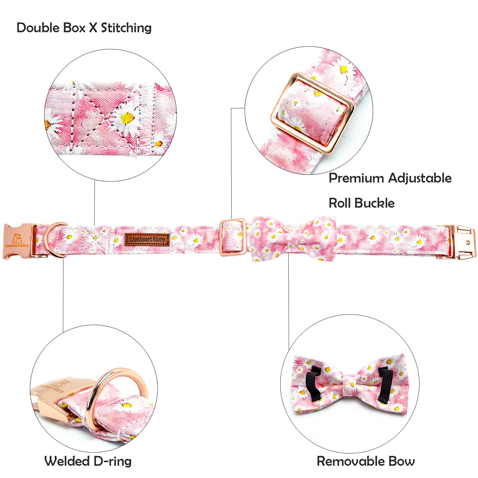 Lionheart Glory Dog Collar, Pink Floral Pattern Dog Bow Collar Girl Dog Collars With Bows Adjustable Durable Collar For Large Do