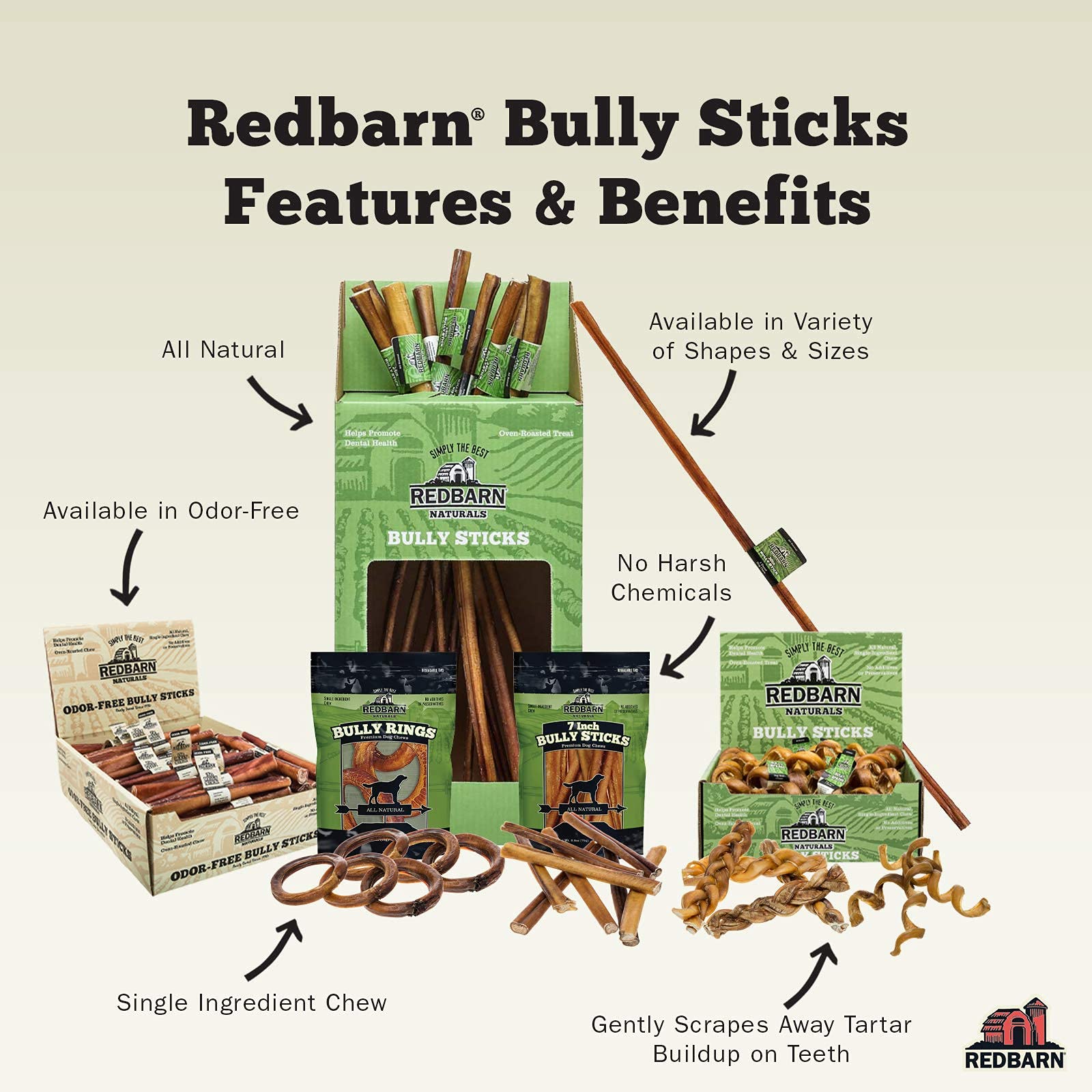 Redbarn All-Natural 4-6 Bully Springs Sticks for Dogs - Premium Grain-Free Single Ingredient Boredom Busting Dental Chew Rawhide