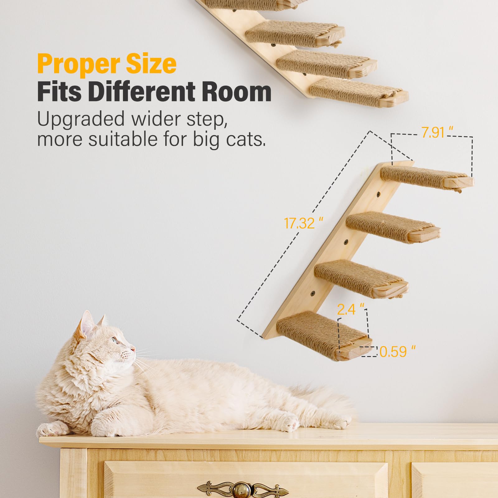 Ewenono 1 Pack 4 Steps Cat Wall Shelves Cat Wall Stairs With Sisal Rope.An Improved&Stronger Cat Wall Steps Cat Tree Supplies, L