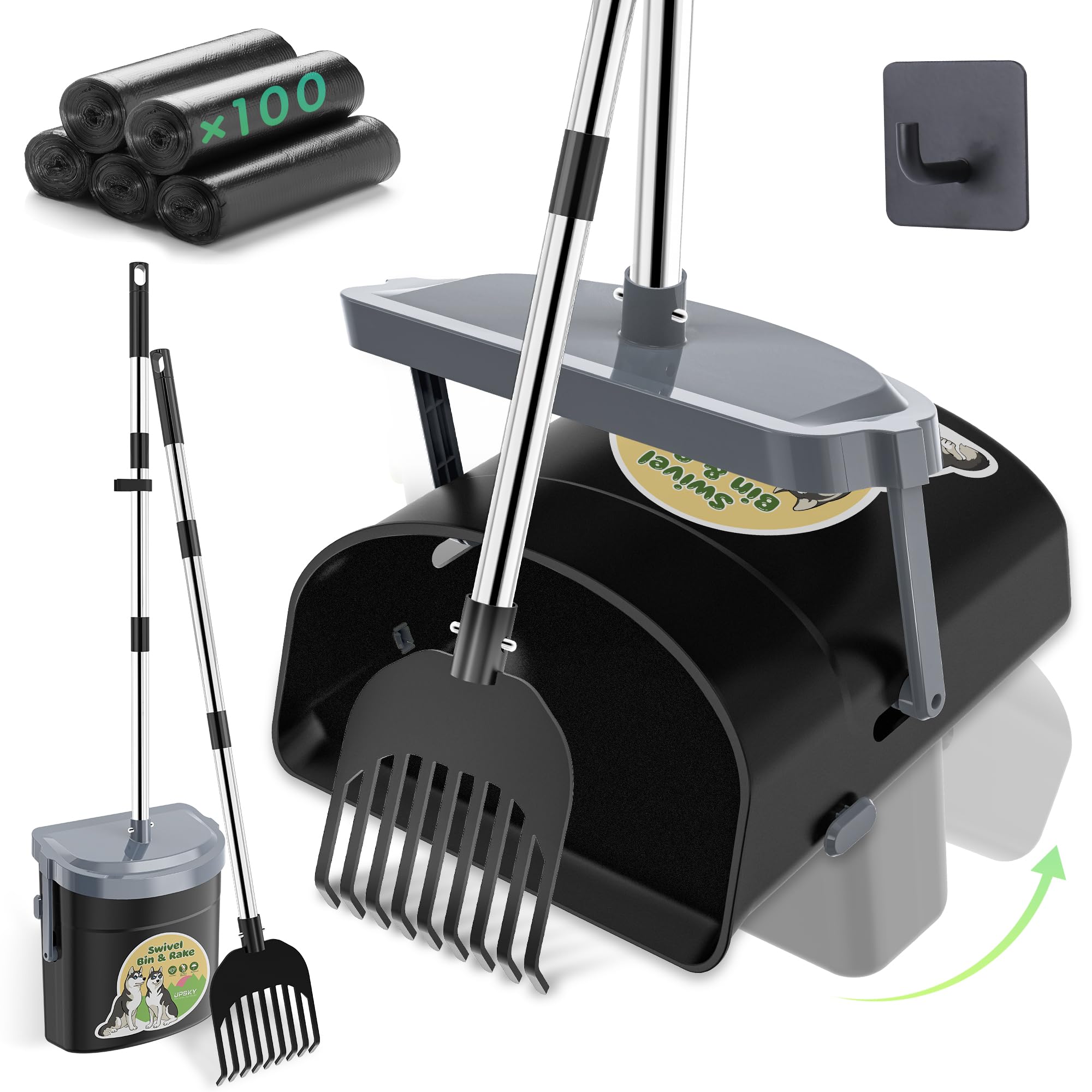 UPSKY Dog Pooper Scooper Swivel Bin & Rake Kit with 100 Waste Bags,33.4 '' Stainless Steel Long Handle Heavy Duty Pet Poop Shove