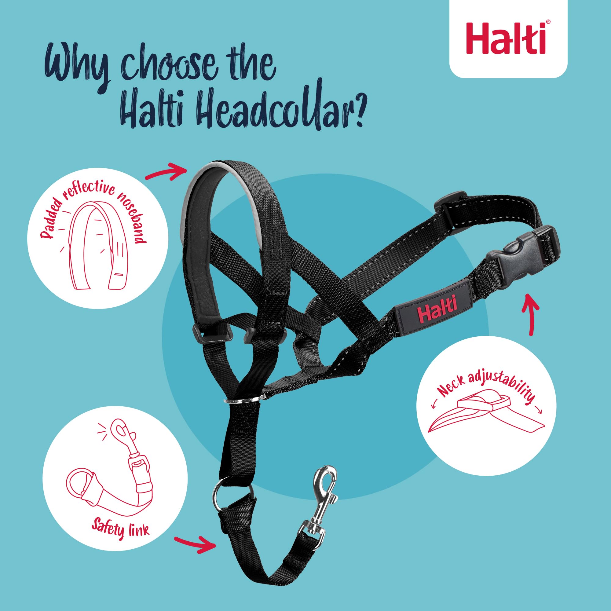 HALTI Headcollar Size 4, Black & HALTI Training Leash Size Large, Black Combination Pack - Stop Your Dog Pulling on the Leash. A