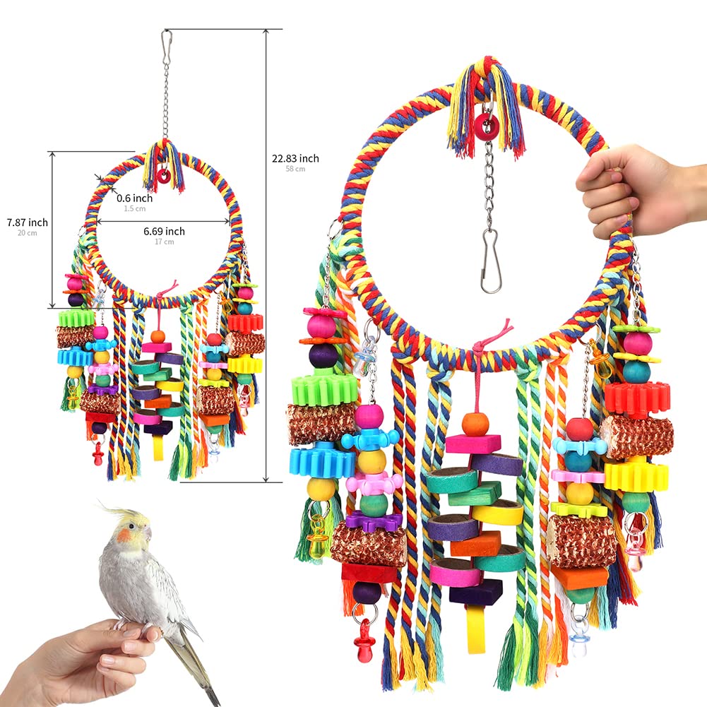 Bird Toys Bird Rope Ring Swing Perch With Corn Cob Cardboard Bagels Wooden Blocks Chewing Toys For Parakeets,Cockatiels,Conure,L