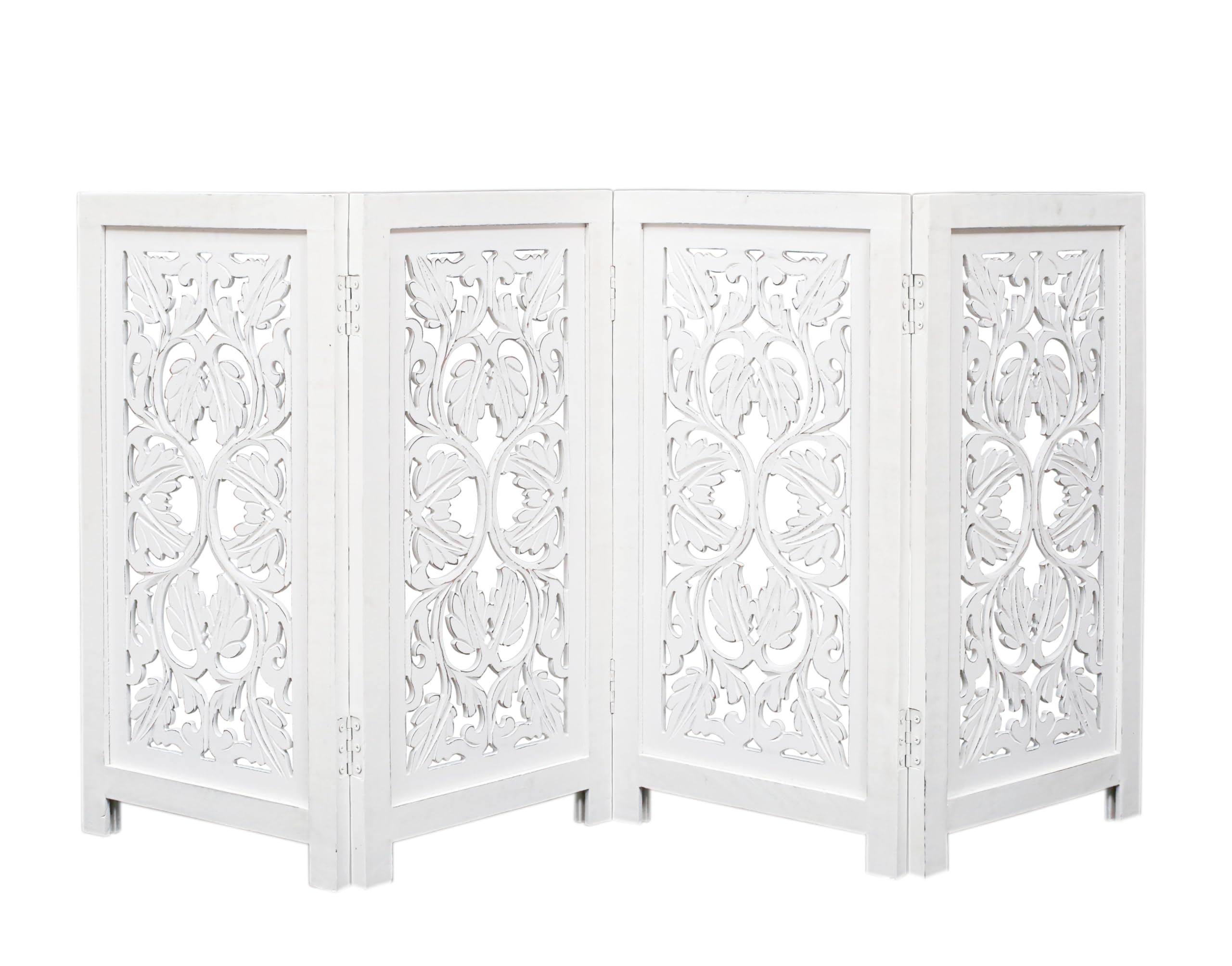 Pet Dog Safety Gate - 4 Panels 56 Wx28 H Leaf Wooden Foldable - Hand Carved Solid Wood And Mdf - Free Standing Portable Indoor