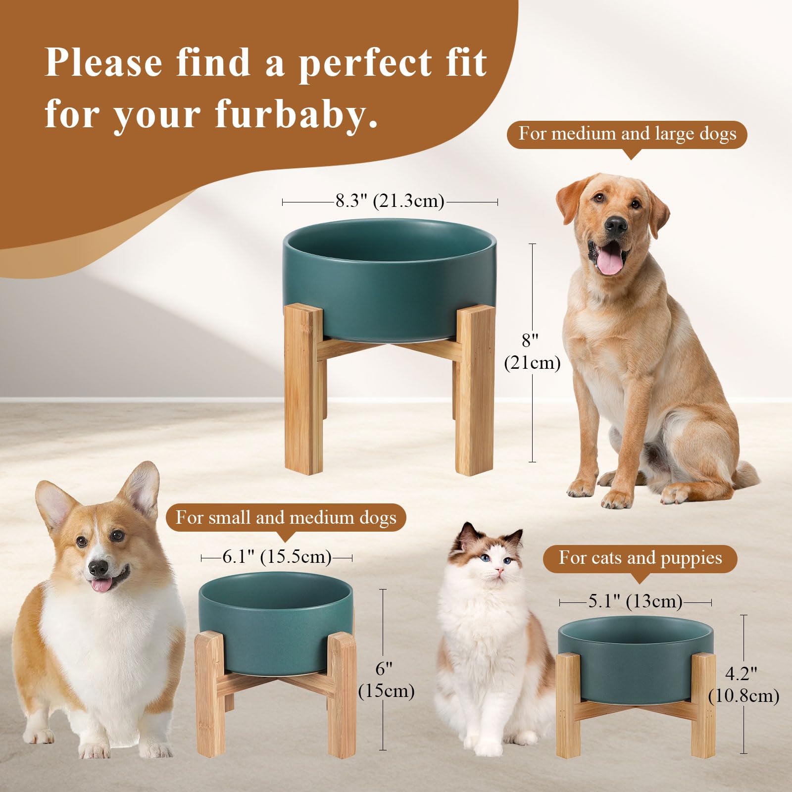 Elevated Ceramic Cat Bowl - Cat Food Bowl with Bamboo Stand - Raised Dog Dish for Puppies - Anti Vomiting, Stress Free - 13.5 oz
